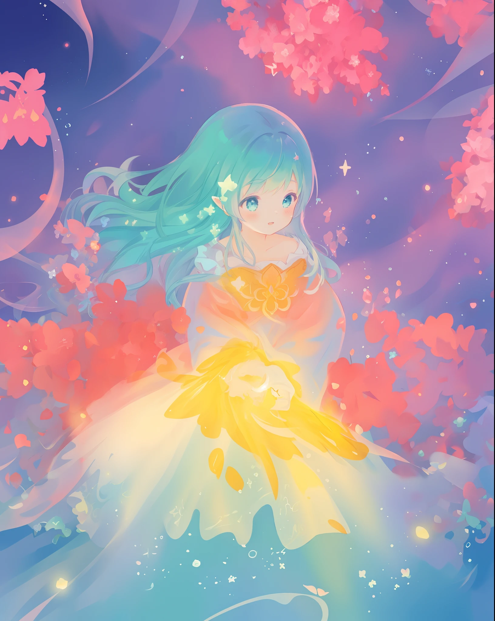 beautiful anime girl in an intricately designed layered ballgown, flowing long sleeves, beautiful round face features, delicate face, young beautiful girl, flowing gown, inspired by Glen Keane, inspired by Lois van Baarle, disney art style, by Lois van Baarle, glowing aura around her, by Glen Keane, jen bartel, glowing lights! digital painting, flowing glowing hair, glowing flowing hair, beautiful digital illustration, fantasia background, whimsical, magical, fantasy, beautiful face, ((masterpiece, best quality)), intricate details, highly detailed, sharp focus, 8k resolution, sparkling detailed eyes, liquid watercolor