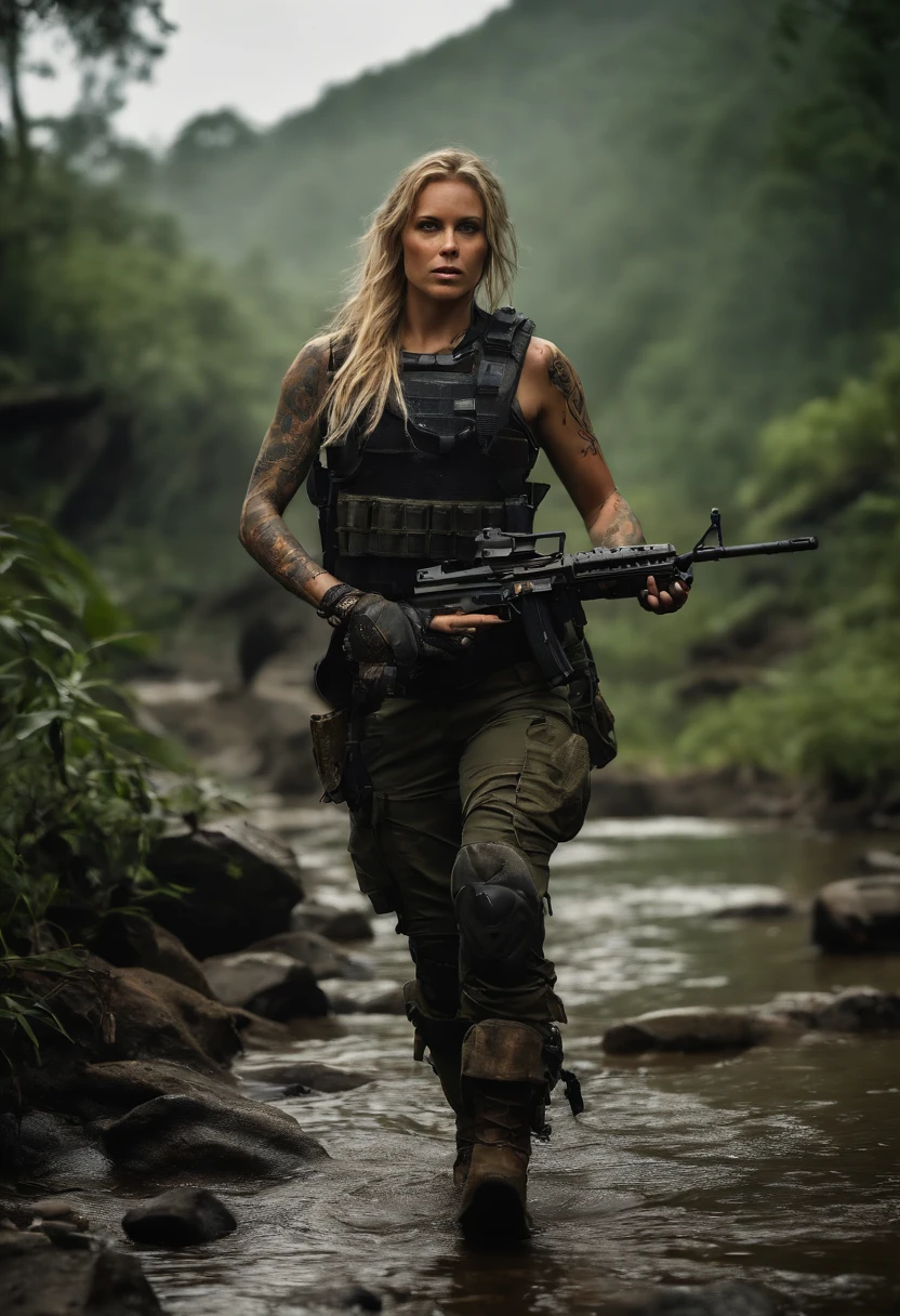 Post-apocalyptic battle scene of beautiful female soldier on patrol, in jungle, Walk along the creek, (((With rune tattoos))), ((Dirty face)), (((Wearing Black Full Mecha Armor, Combat Harness, Neon Highlights, Have an assault rifle))) Short blonde dreadlocks, combat pose, (((Walk through a jungle creek, fires, Smoke, wreckage, Camouflage Net, Ammunition crates, Rain, stormy, Wet, Abstract beauty, near perfect, burning scene in the background,