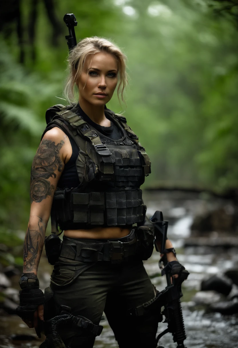 Post-apocalyptic battle scene of beautiful female soldier on patrol, in jungle, Walk along the creek, (((With rune tattoos))), ((Dirty face)), (((Wearing Black Full Mecha Armor, Combat Harness, Neon Highlights, Have an assault rifle))) Short blonde dreadlocks, combat pose, (((Walk through a jungle creek, fires, Smoke, wreckage, Camouflage Net, Ammunition crates, Rain, stormy, Wet, Abstract beauty, near perfect, burning scene in the background,