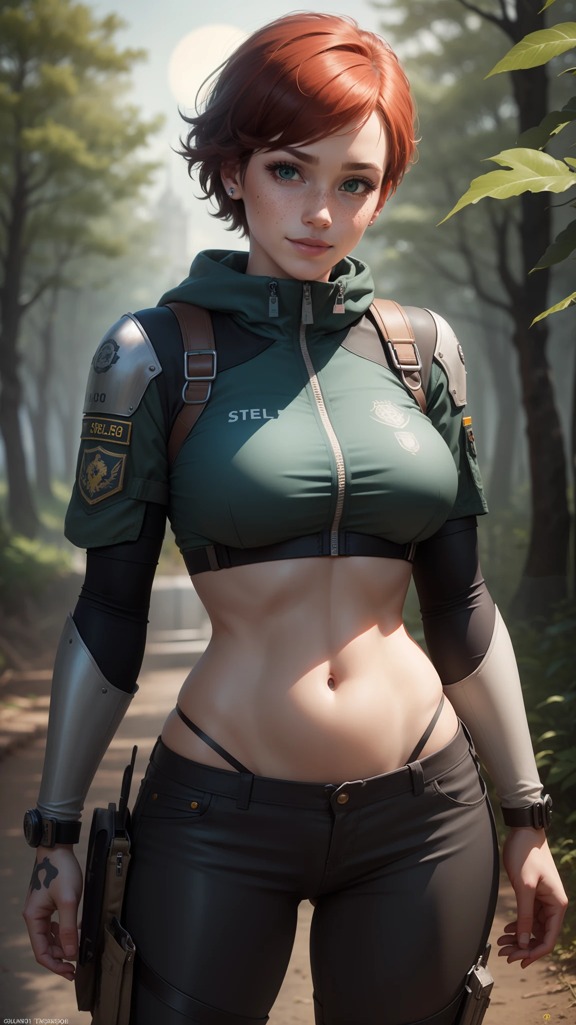 gwen tennyson,1girl,tracer,jill valentine, rebecca chambers,overwatch,resident evil,close up,mecha pilot,body paint, haunted forest,tattoos,blue and gray plugsuit,hair pin,steel short sleeve silk top,steel cargo pants,uncovered belly, short hair,cute makeup,green eyes,red and gold hair,shy smile,freckles, redhead,beautiful girl,large breasts, ultra detailed,realistic,fantasy art, military uniform,steel armor,haunted lab,moonlight,police uniform,pilot jacket,