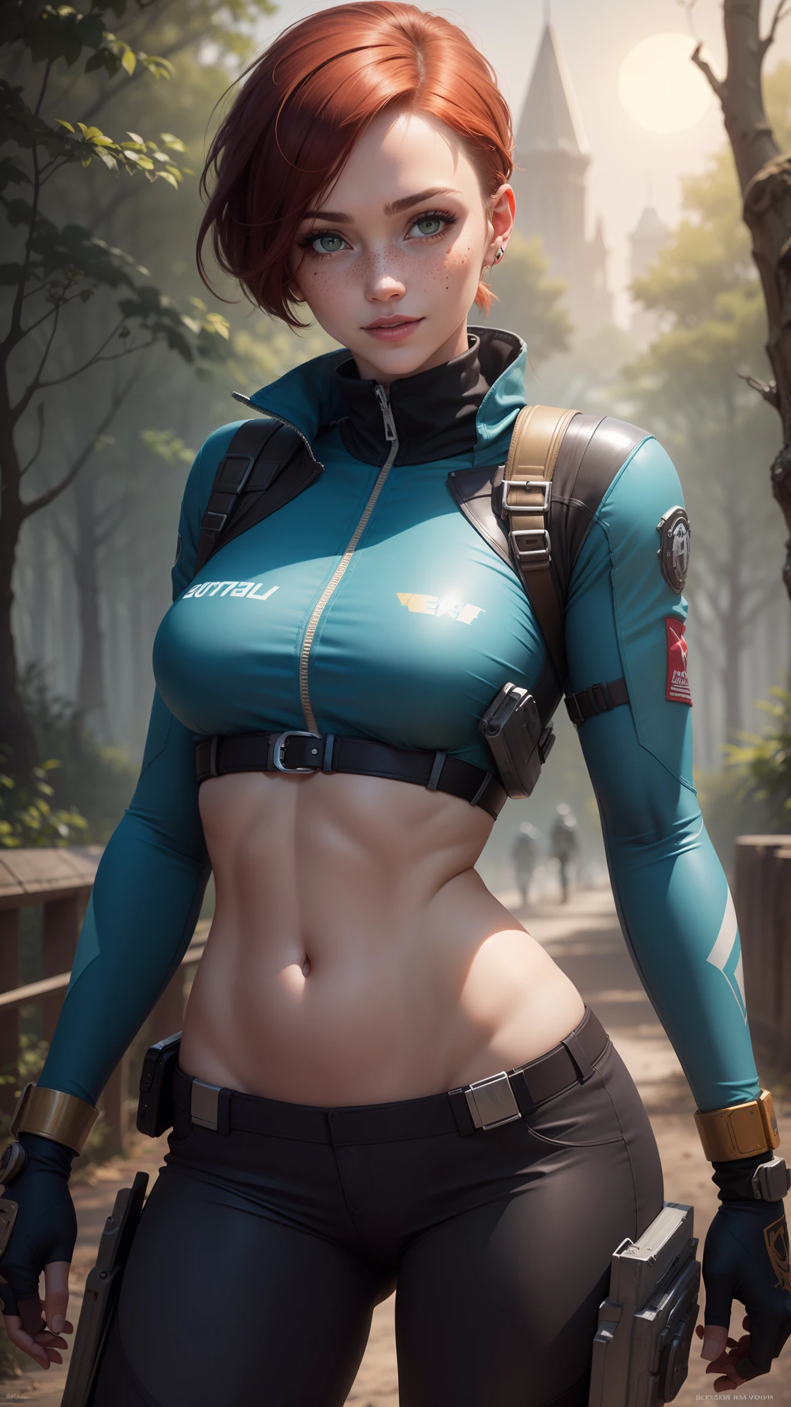 gwen tennyson,1girl,tracer,jill valentine, rebecca chambers,overwatch,resident evil,close up,mecha pilot,body paint, haunted forest,tattoos,blue and gray plugsuit,hair pin,steel short sleeve silk top,steel cargo pants,uncovered belly, short hair,cute makeup,green eyes,red and gold hair,shy smile,freckles, redhead,beautiful girl,large breasts, ultra detailed,realistic,fantasy art, military uniform,steel armor,haunted lab,moonlight,police uniform,pilot jacket,