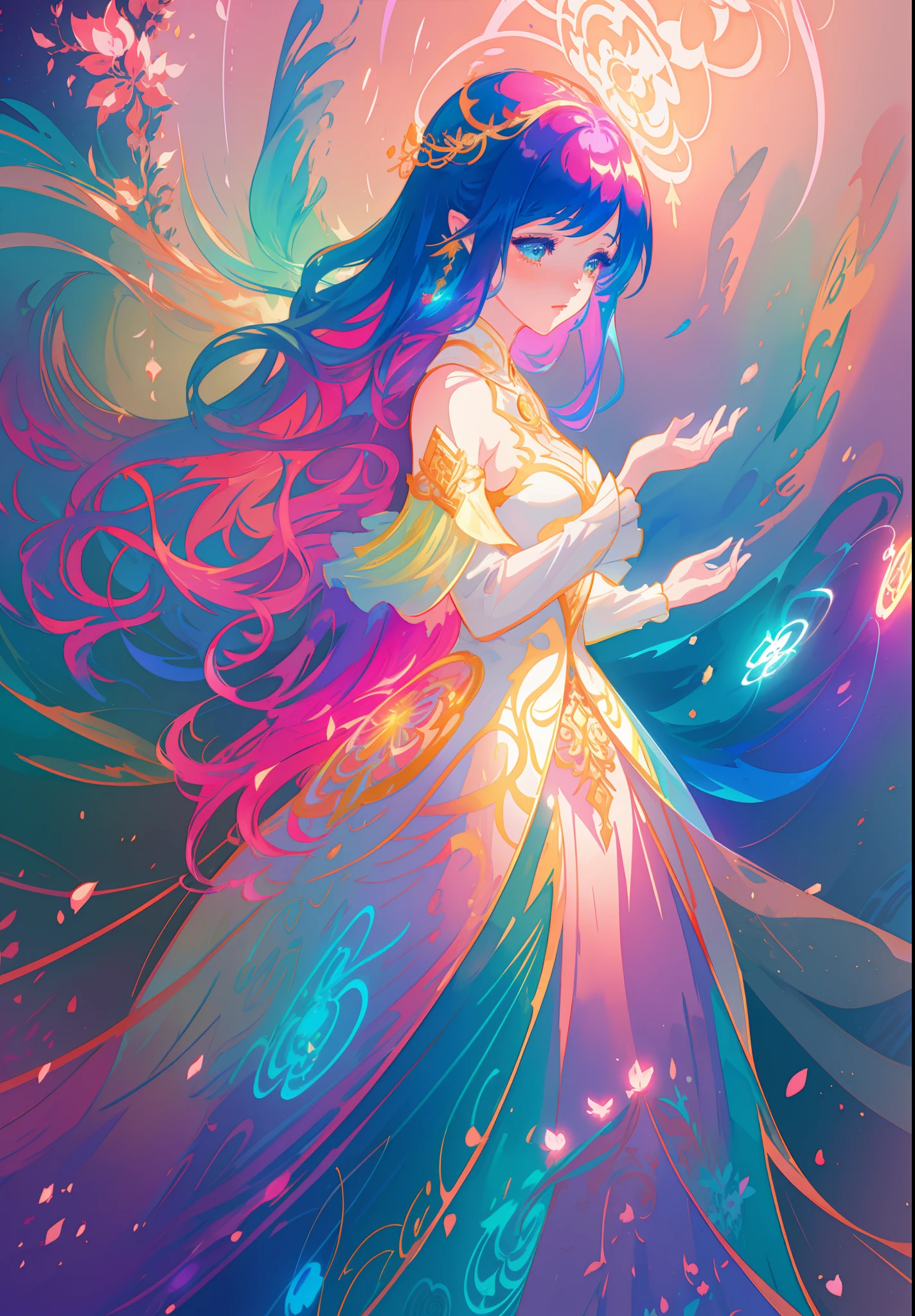 beautiful anime girl in an intricately designed layered ballgown, ((colorful)), flowing long sleeves, beautiful round face features, delicate face, young beautiful girl, flowing gown, inspired by Glen Keane, inspired by Lois van Baarle, disney art style, by Lois van Baarle, glowing aura around her, by Glen Keane, jen bartel, glowing lights! digital painting, flowing glowing hair, glowing flowing hair, beautiful digital illustration, fantasia background, whimsical, magical, fantasy, beautiful face, ((masterpiece, best quality)), intricate details, highly detailed, sharp focus, 8k resolution, sparkling detailed eyes, liquid watercolor