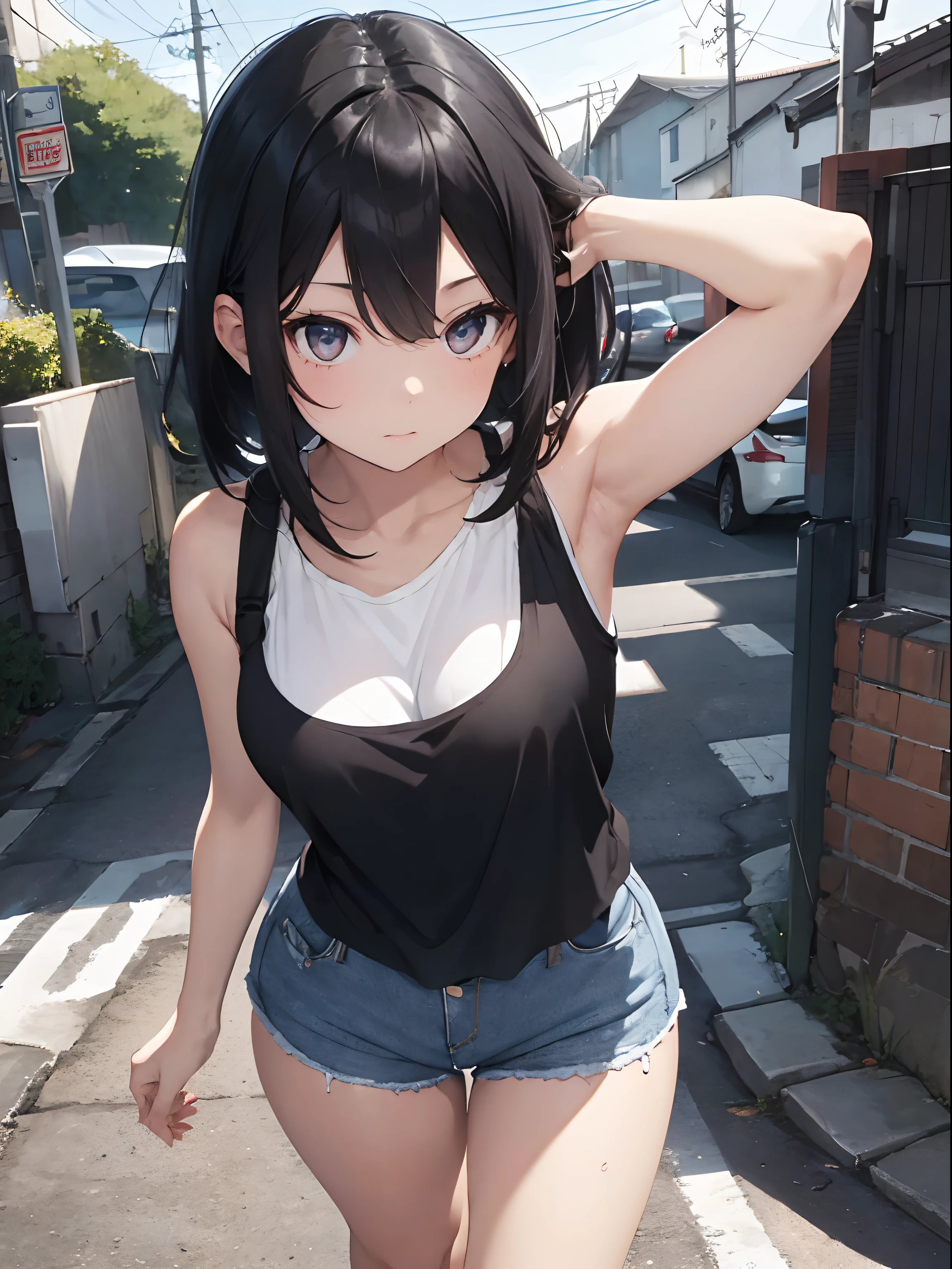 girl with shoulder length jet black hair and pale skin, wearing black tank top and jean shorts, (view from thighs area to above top of head), (standing), halo over head