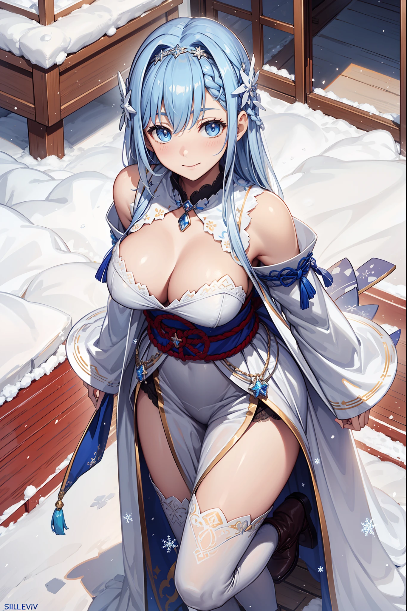 saints,seductiv,having fun,Being in love,(Western magic white dress),silber hair,eBlue eyes,Suitable transparent clothing,Decoration of saints,Sky blue cloth,Snowflake pattern,Sky blue pattern,Snowy nights,Transparent lace,exquisite costumes,Japanese courtyard,solo person,the night,nevando,Carved suspender boots,Delicate and beautiful face