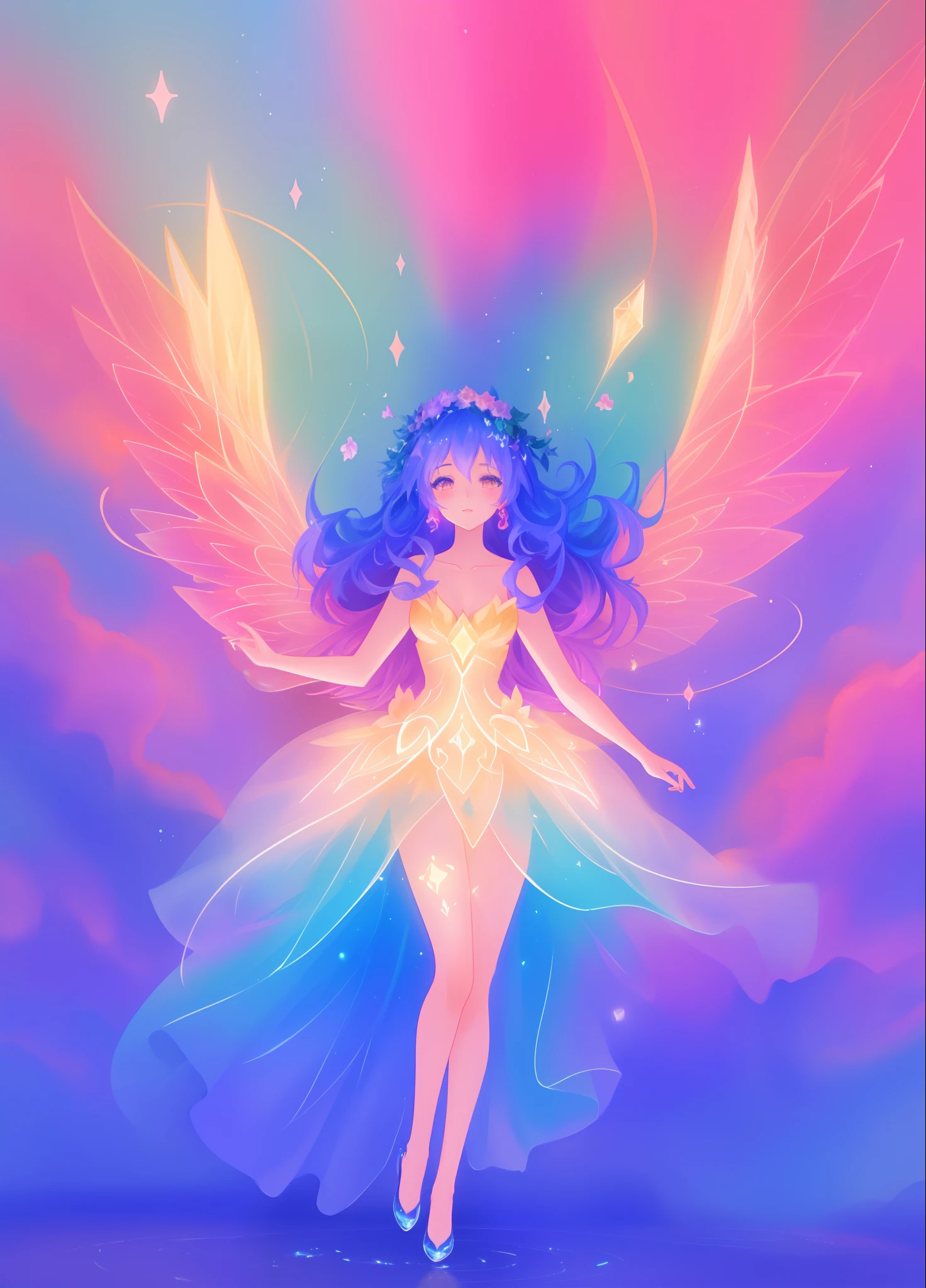 beautiful fairy girl, dress made of sparkles and light, (large fairy wings), sparkling fairy dress, sparkling fairy wings, watercolor illustration, flowers and colorful plants, inspired by Glen Keane, inspired by Lois van Baarle, disney art style, by Lois van Baarle, glowing aura around her, by Glen Keane, jen bartel, glowing lights! digital painting, flowing glowing hair, glowing flowing hair, beautiful digital illustration, fantasia otherworldly landscape plants flowers, beautiful, masterpiece, best quality, anime disney style