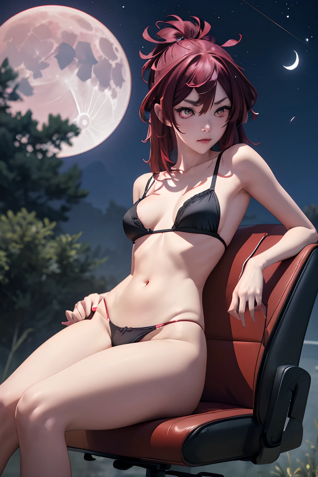Neko girl with red ears, sitting on a gaming chair against the background of the highway and the night moon, she is wearing a white bra and panties`