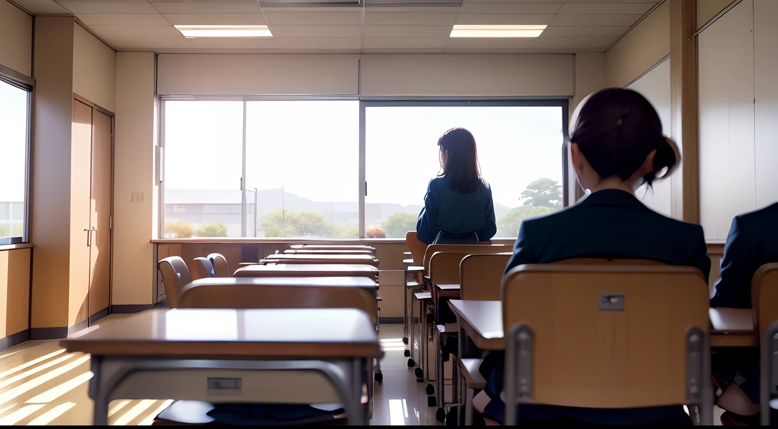 (best quality,highres),full shot,distant view,Japanese high school classroom,bustling classroom during lunch break. A cute high school girl in the distance, wearing a school uniform, other students appear blurred in the background. Soft sunlight, a time of day that makes you feel sleepy, a familiar school. She has a smiling face.