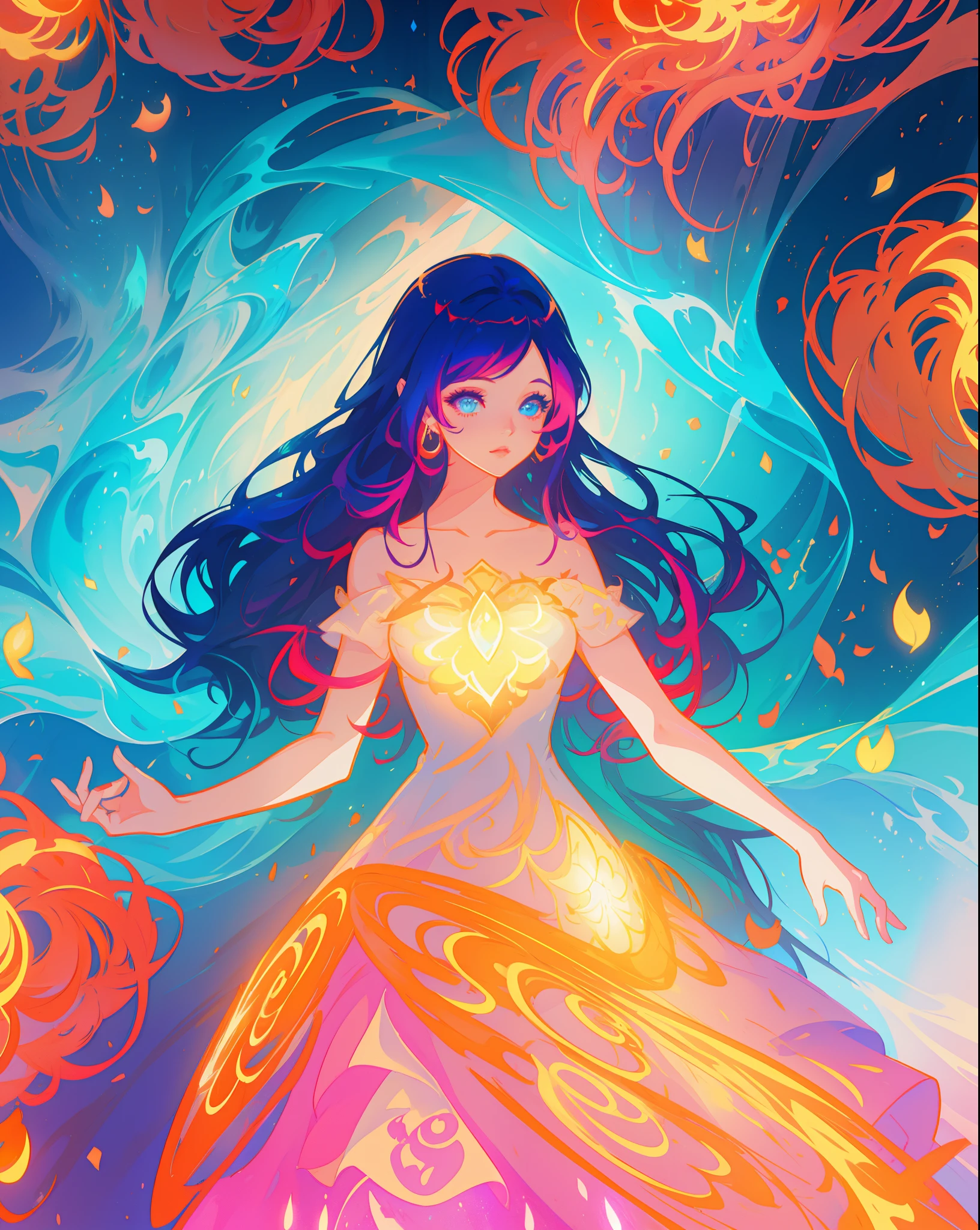 beautiful girl in flowing ballgown, inspired by Glen Keane, inspired by Lois van Baarle, disney art style, by Lois van Baarle, glowing aura around her, by Glen Keane, jen bartel, glowing lights! digital painting, flowing glowing hair, glowing flowing hair, beautiful digital illustration, fantasia background, beautiful, masterpiece, best quality, anime disney style