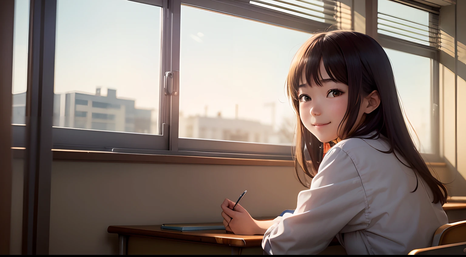 (best quality, high resolution), full shot, view from afar, Japanese high school classroom, lively classroom during lunch break. In the distance, there is an adorable high school girl wearing a school uniform, with other students appearing blurry in the background. Soft sunlight fills the room during this relaxing time of day at a familiar school. She has a smile on her face.