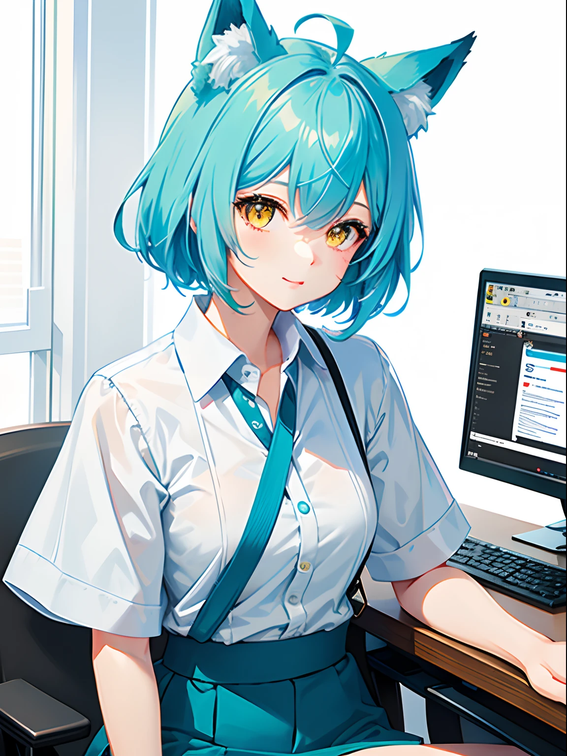 1girl, fox ear,  light blue short hair,bangs pinned back,Ahoge,Colored inner hair,Highly detailed beautiful face and yellow eyes,Cute, company, officewear, officeroom