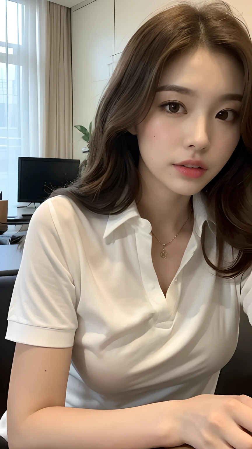 ((best qualtiy, 8K, tmasterpiece:1.3)), Focus:1.2, perfect figure beautiful woman:1.4, Cocked buttocks:1.2, ((Random Long Hairstyle) ((Brown Wavy Hair))(Long white legs:1.3,(Polo shirt:1.2) , (inside in room: 1.2), Highly detailed facial and skin texture, A detailed eye, 二重まぶた,Whiten skin,(Straight big breasts:1.3), looking at camera, Wear a necklace,