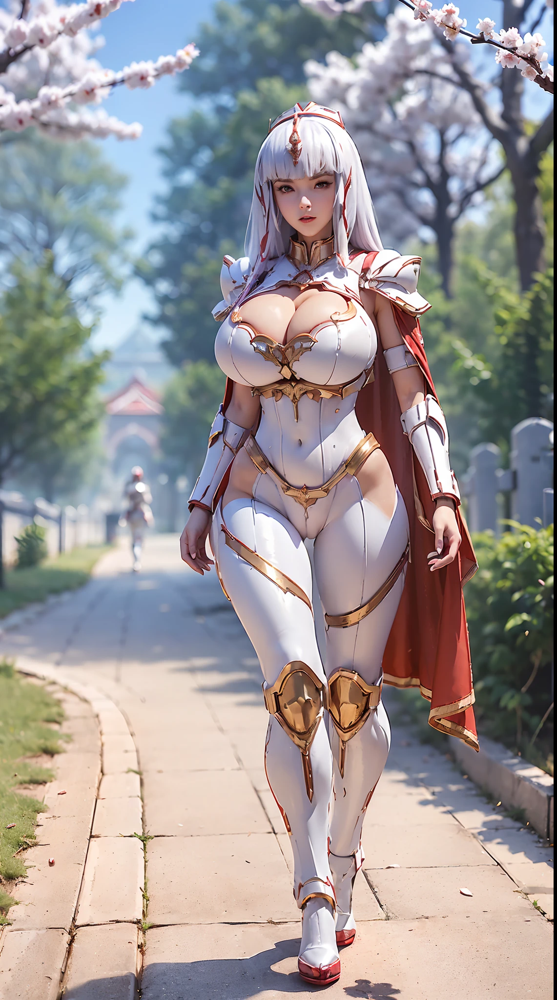 1GIRL, SOLO, (ssmile, makeup, beautifull eyes, white front bangs hair), (mecha headwear:1.3), (BIG BUTTOCKS, HUGE BOOBS:1.4), (DRAGON GUARD ARM, GLOVES), (white, red), (MECHA CYBER SHINY ARMORED SUIT, ROYAL CAPE, CLEAVAGE, MECHA SKINTIGHT PANTS, GUARD ARMOR LEGS, HIGH HEELS:1.4), (MUSCULAR BODY, SEXY LONG LEGS, FULL BODY:1.5), (MUSCLE ABS:1.2), (LOOKING AT VIEWER:1), (WALKING DOWN ON STREET CHERRY TREES IN THE MORNING:1.3), PHYSICALLY-BASED RENDERING, ULTRA HIGHT DEFINITION, 8K, 1080P.