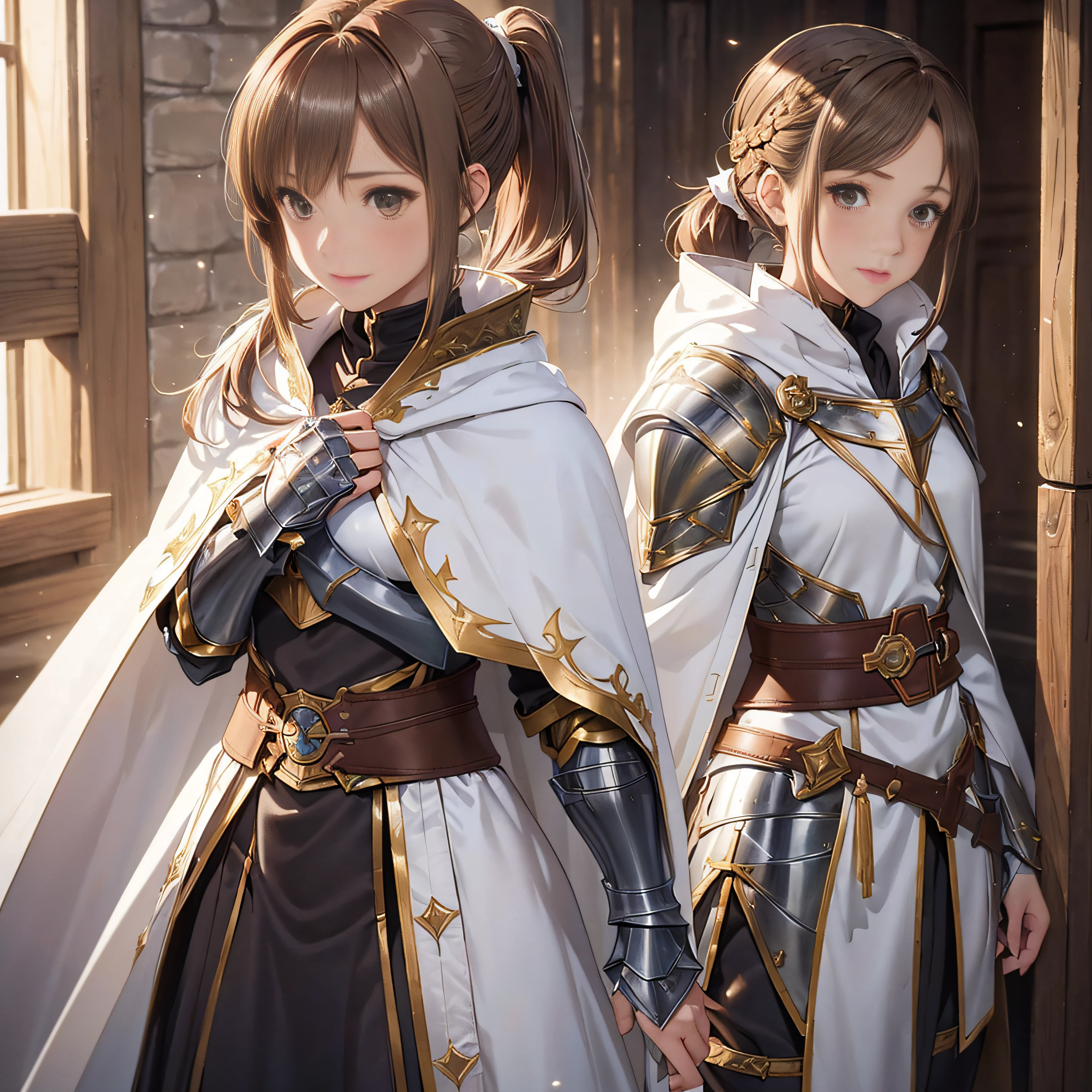 Asuna, Asuna_(stele), (1girl in,Solo) ,Fantasy, hight resolution, 19 Private,  Original, (Worn on the ?????? of the waist:1.3), Smile, (White Night Wizard Long Cape:1.5), Short hair, ??????????????, Looking at Viewer, Bangs ,Detailed hazel brown eyes, Beautiful background, ((the morning sun,Western-style private room)), Hands on the ?????,(Brown hair,Short ponytail:1.5), (Platinum Knight Wizard Full Armor:1.55),Short hair, Standing,straight-on, ABEC,(Full body:1.1), white thighhig,(ABEC:1.4), --auto