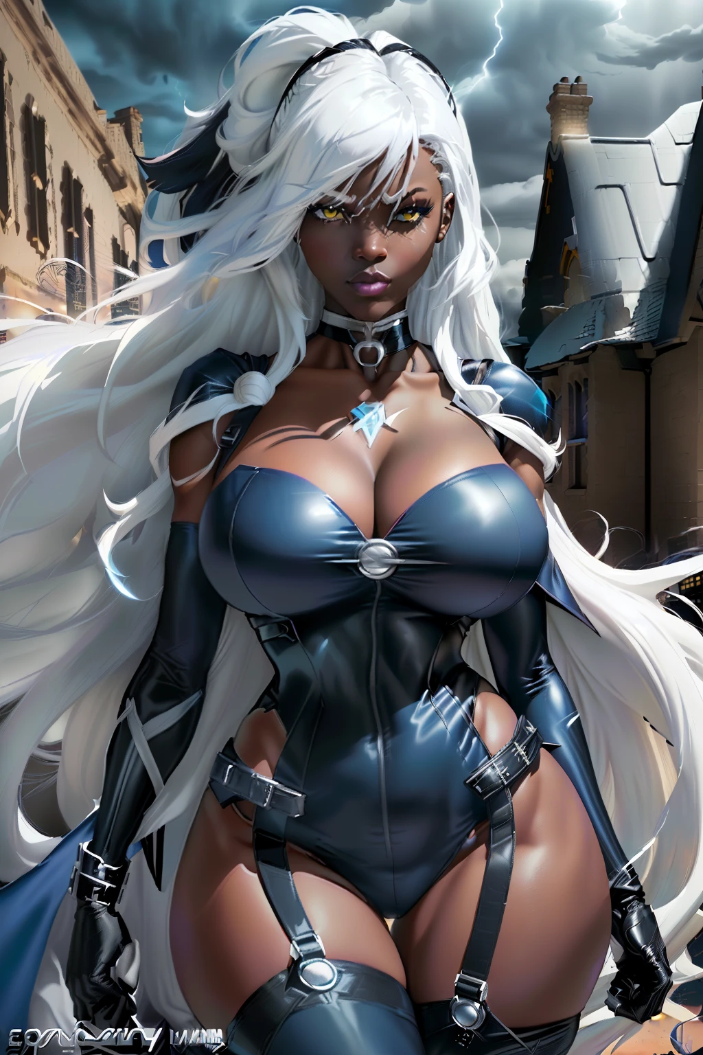 ((Storm from Marvel comic series)) ((ebony skin)) (beautiful face)(red lips)((big white eyes)) ((very long messy white hairstyle with side bangs)) ((hair floating around)) ((very huge breasts) (perfect slim body) (wears dark blue body suit with yellow ornament)) ((choker, belt, gloves, long stocking, cape)) (posing sexy on x mansion rooftop)), (high definition, dynamic lights and shadows) ((masterpiece)) (8k) (perfect face) (best quality) (perfect hands and eyes)