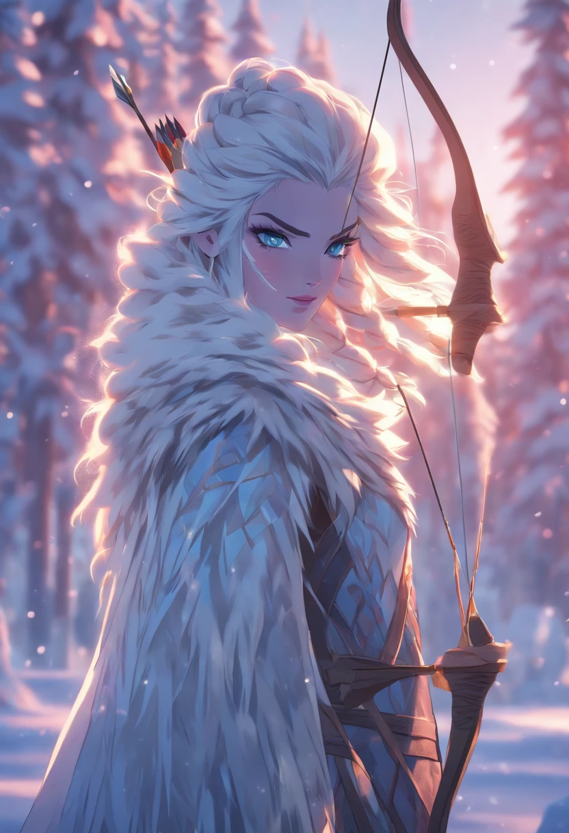 (((ice woman with bow and arrow))) best quality, very high resolution, detailed CG in 4K, masterpiece, Norse mythology, Skadi woman, Jotunn, trees in the background, Scandinavia, standing pose, Norse clothing, northern city, snow, ((bow and arrow)), aesthetics, beautiful image, centered on the screen, standing pose