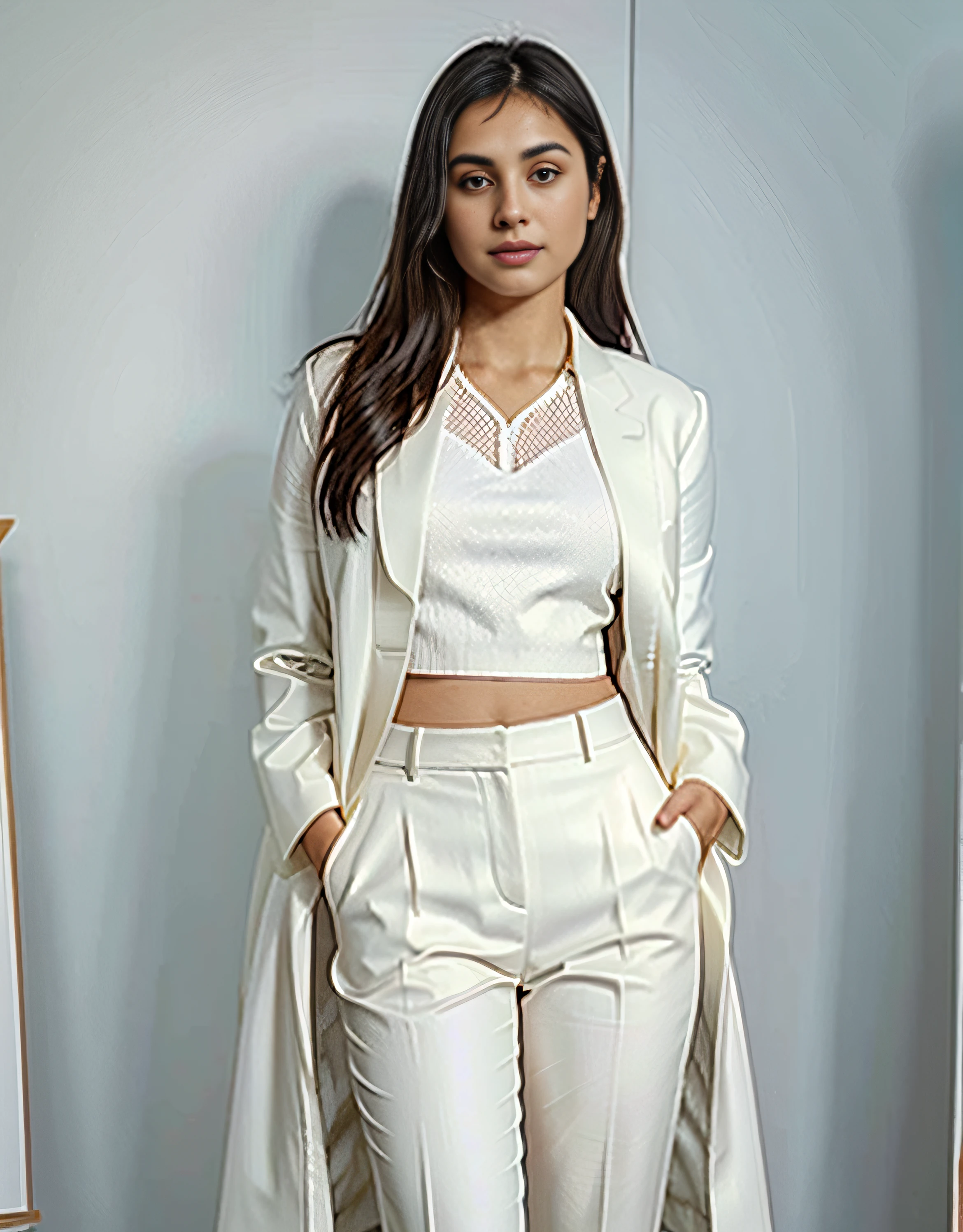 a close up of a woman in a white suit posing for a picture, female camila mendes, in white clothes, indian super model, digital art!!, digitally painted, a beautiful woman in white, wearing white suit, morena baccarin, fully clothed. painting of sexy, in a flowing white tailcoat, digital art of an elegant, white coat