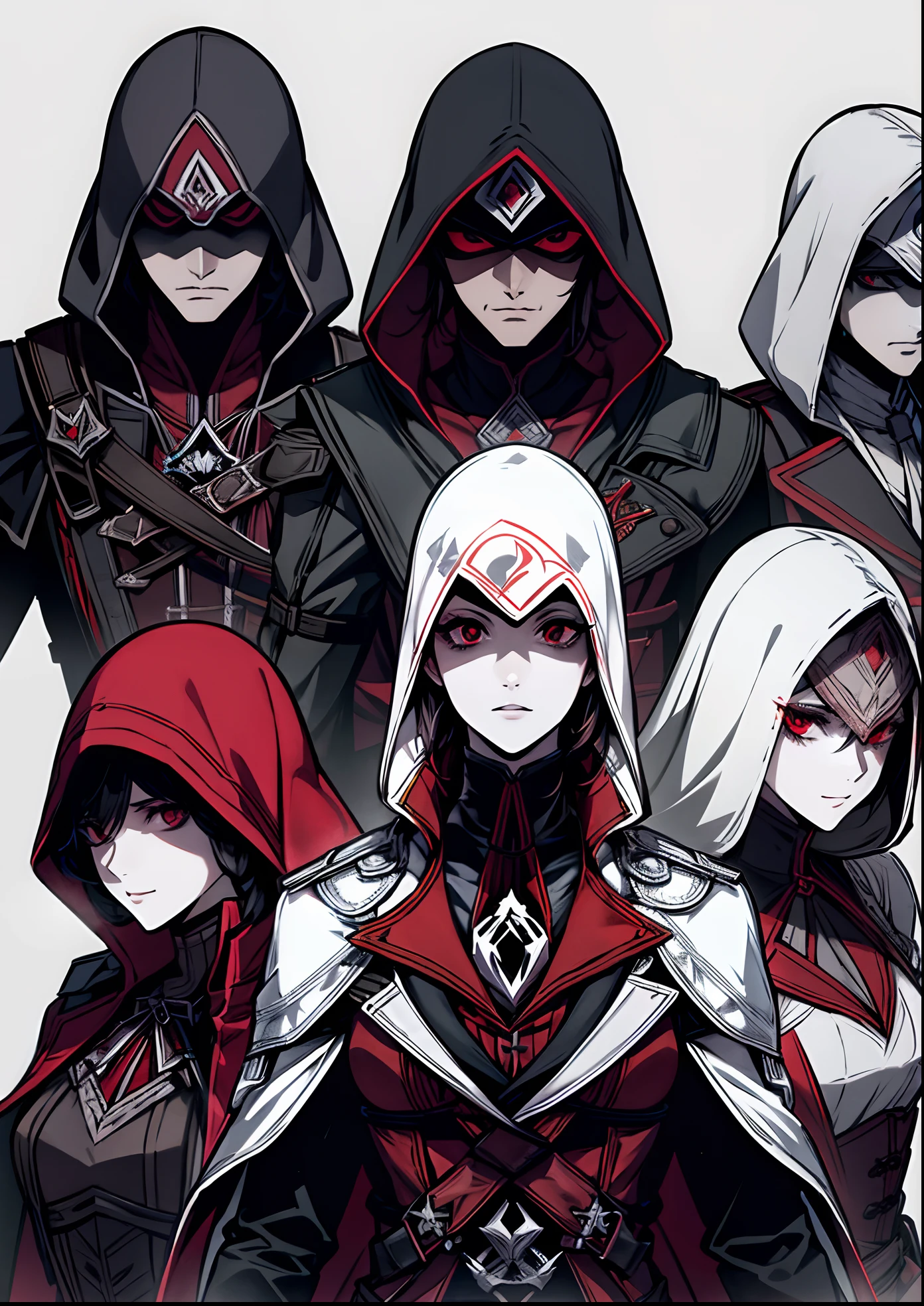 A group of assassin's, assassin's Creed outfit,6 people,night,red eyes glowing in the dark,dark, monochrome, black outfits,all looking at the viewer,upper body,