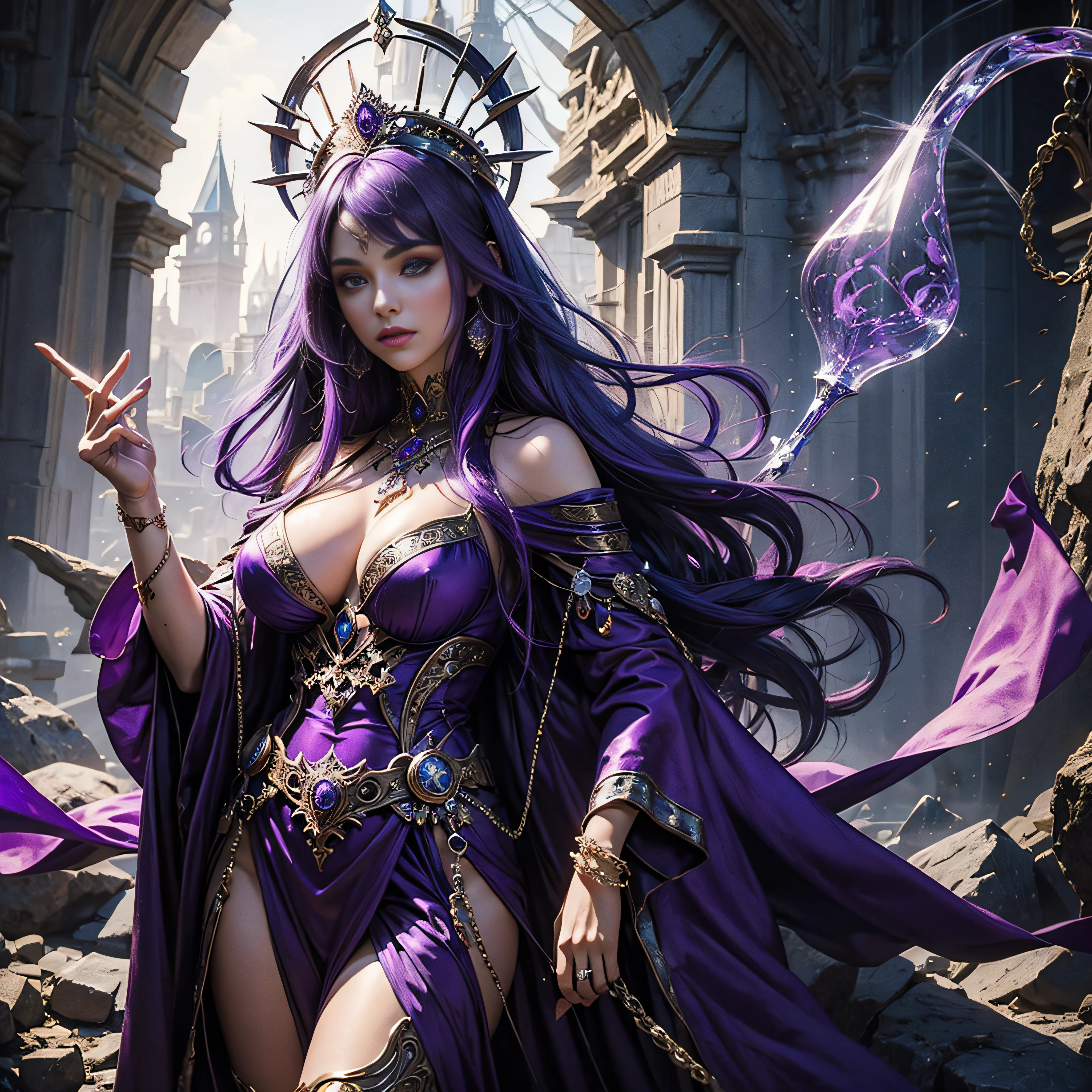 (Extremely detailed+Ultra-realistic) esoteric+Gypsy Sorceress Casting Tarot Cards Purple hair、Purple costume