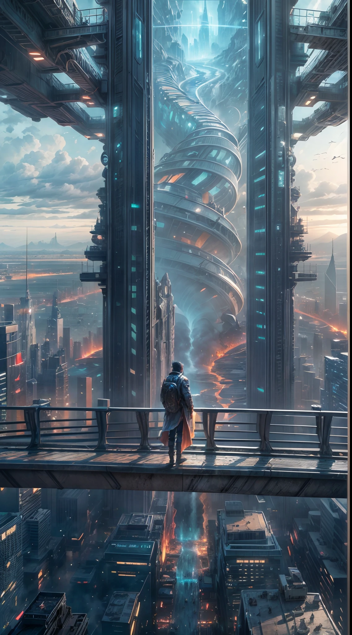 (8k unit wallpaper CG extremely detailed, masterpiece, best quality, ultra-detailed), (((solo)))), ((extremely wide shot:1.15)), a man on a bridge looking at a scifi city in the distance in the background, ((back view)), ((full body)), (high detail), (intricate details), intricate, magnificent scene, detailed environment, highly detailed environment, illustrator, (masterpiece).