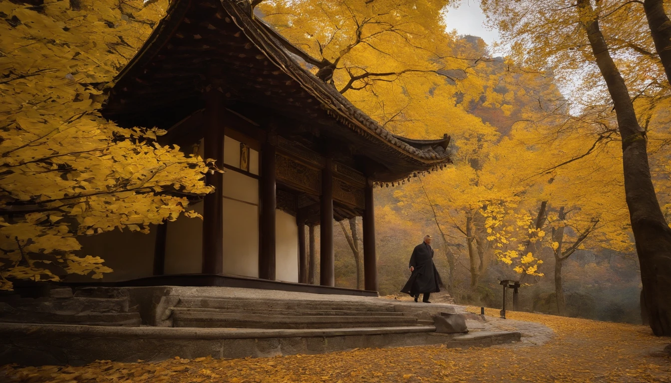 a temple,At the summit,A small road leads up,A thousand-year-old ginkgo tree,Yellow leaves everywhere,An old monk sweeps the floor,A few cloth steps,The old monk wore a yellow cassock,k hd,High quality,Heads-up lens