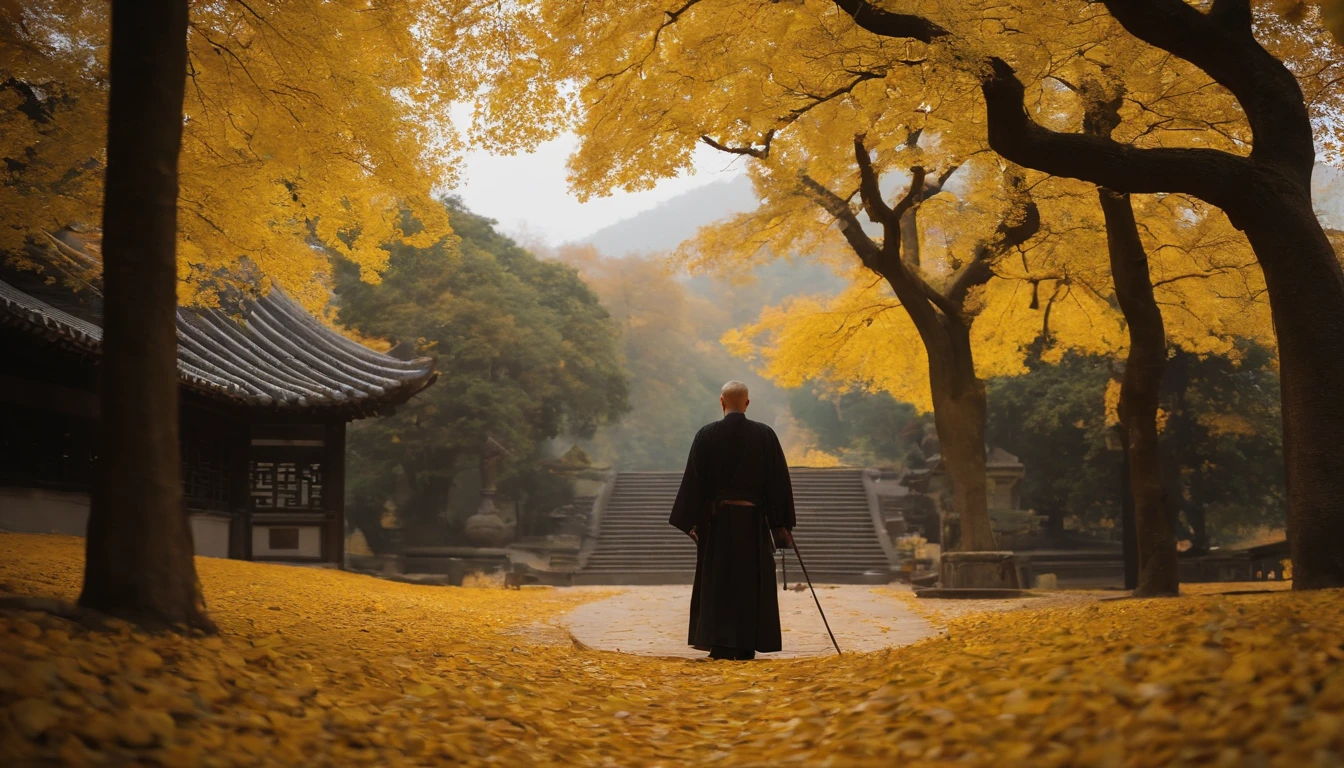 a temple,At the summit,A small road leads up,A thousand-year-old ginkgo tree,Yellow leaves everywhere,An old monk sweeps the floor,A few cloth steps,The old monk wore a yellow cassock,k hd,High quality,Heads-up lens
