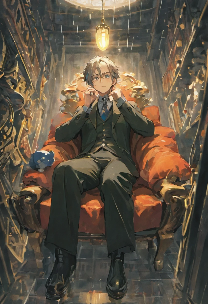 Old gentleman with a goatee,sit on chair,Black high-gloss rain boots, 8K分辨率,Wallpaper masterpiece,Best quality,Highly meticulous,Ultra high quality,The midday sun is a bit dazzling。style of anime