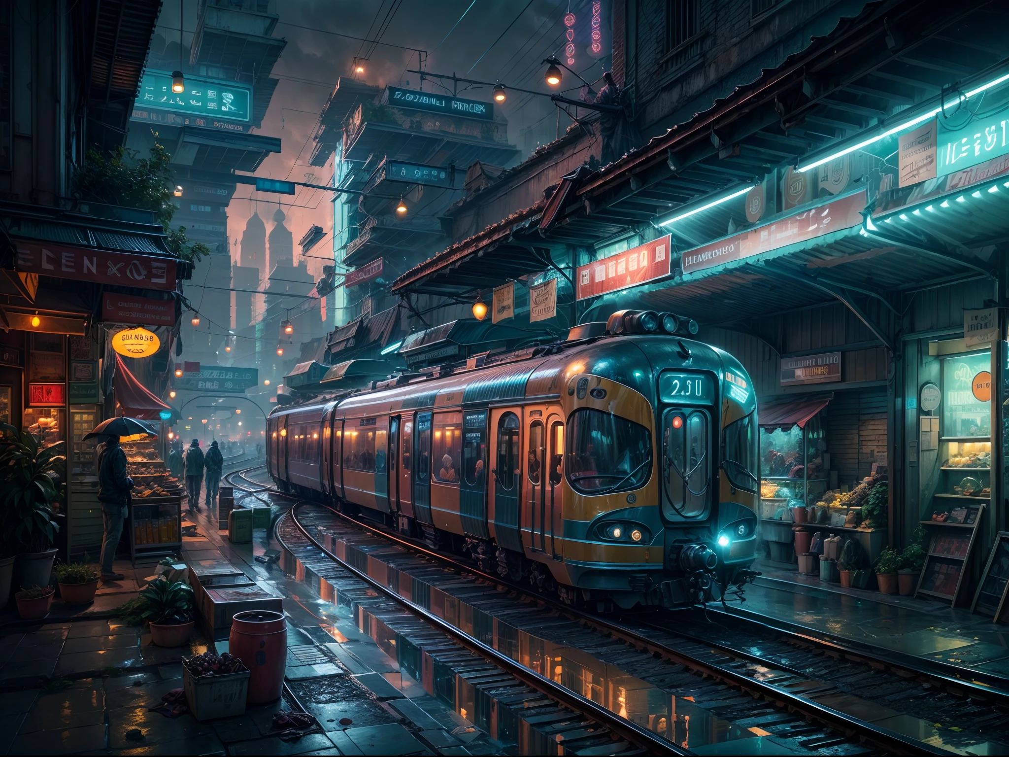 (masterpiece:1.2), (best quality, high detail), (realistic), Futurist era city, architectural streets, bazaars, futuristic train lines, cyberpunk, buildings, night, European city, rainy, neon.