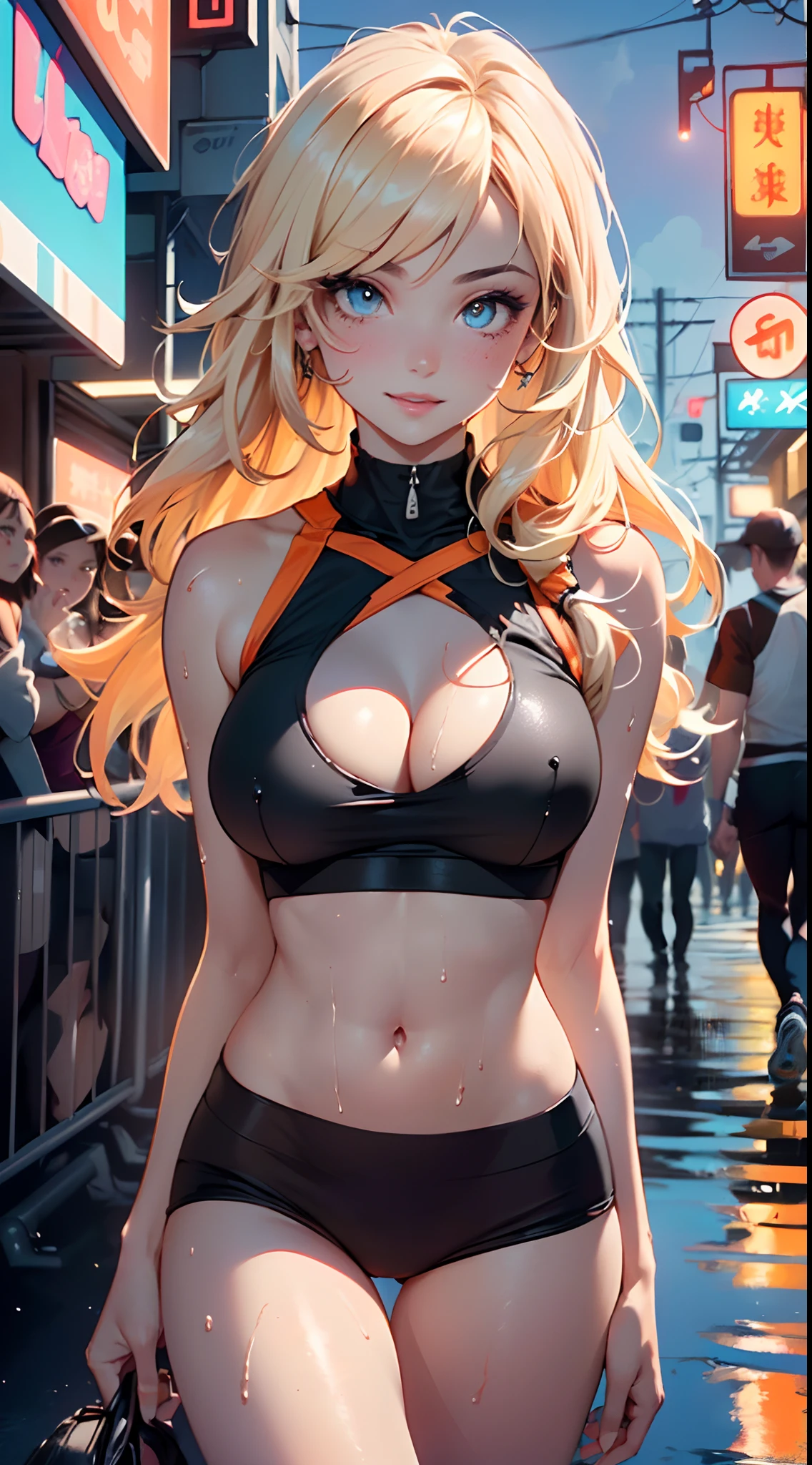 girl sporty,((attractive girl)),
(large breasts:1.4),saggy breasts,(((absurdly long unkept hair,blonde hair,very long hair,voluminous hair,Thick hair,Dense hair,long hair,colored inner hair))),((heterochromia:1.5, (orange_eye and blue_eye))),intricate eyes,beautiful detailed eyes,symmetrical eyes,((fat))(((lustrous skin:1.5,bright skin: 1.5,skin tanned,shiny skin,very shiny skin,shiny body,plastic glitter skin,exaggerated shiny skin,illuminated skin, wet legs))),(spider lower abdomen,narrow waist,wide hip,athletic body,inflated legs,detailed body,(detailed face)),
cute,slutty,seductive,erotic,(((nsfw))),
((tight sports bra, tight sports panties, (orange and black clothes))),(((cleavage))),((wet clothes,intricate outfit,intricate clothes)),
(dynamic pose:1.0),coquette,smiling,(centered,scale to fit dimensions,Rule of thirds),
cyberpunk city by the ocean at night, with bright neon signs and dark stormy clouds and puddles, scenery:1.25,
artistic photography,(photography taken by sldr),highres, sharp focus, (ultra detailed, extremely detailed), (photorealistic artwork:1.37),(extremely detailed CG unity 8k wallpaper),((synthwave background theme)),(((vibrant colors))),(intricate background),(masterpiece),(best quality),