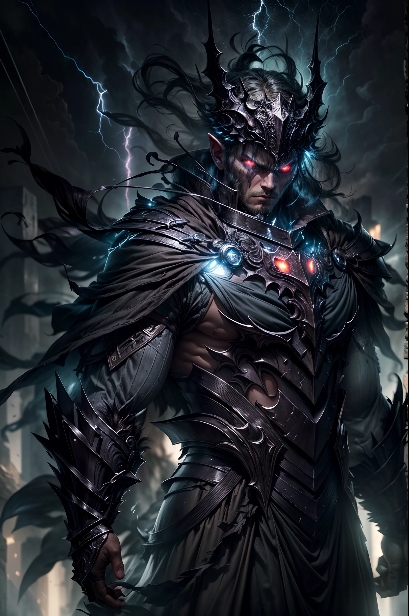 (best quality,ultra-detailed,highres,masterpiece:1.2),nitid,detailed facial features,man's face with intense gaze,thunder and lightning,anger,wrath,divine power,smooth black armor,glowing eyes,powerful expression,ominous background,ethereal atmosphere,dramatic composition,dynamic lighting,contrast and shadows,epic scenery.