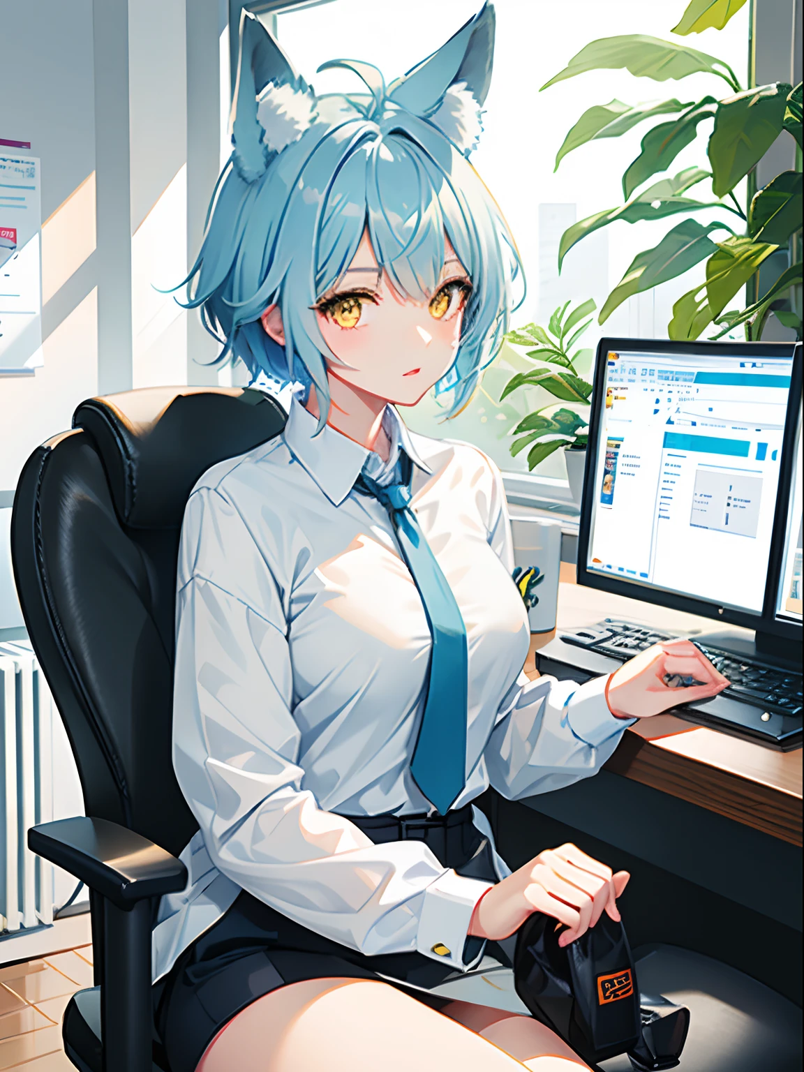 1girl in, fox ear,  light blue short hair,bangs pinned back,Ahoge,Colored inner hair,Highly detailed beautiful face and yellow eyes,Cute, ty, Office Wear, office room