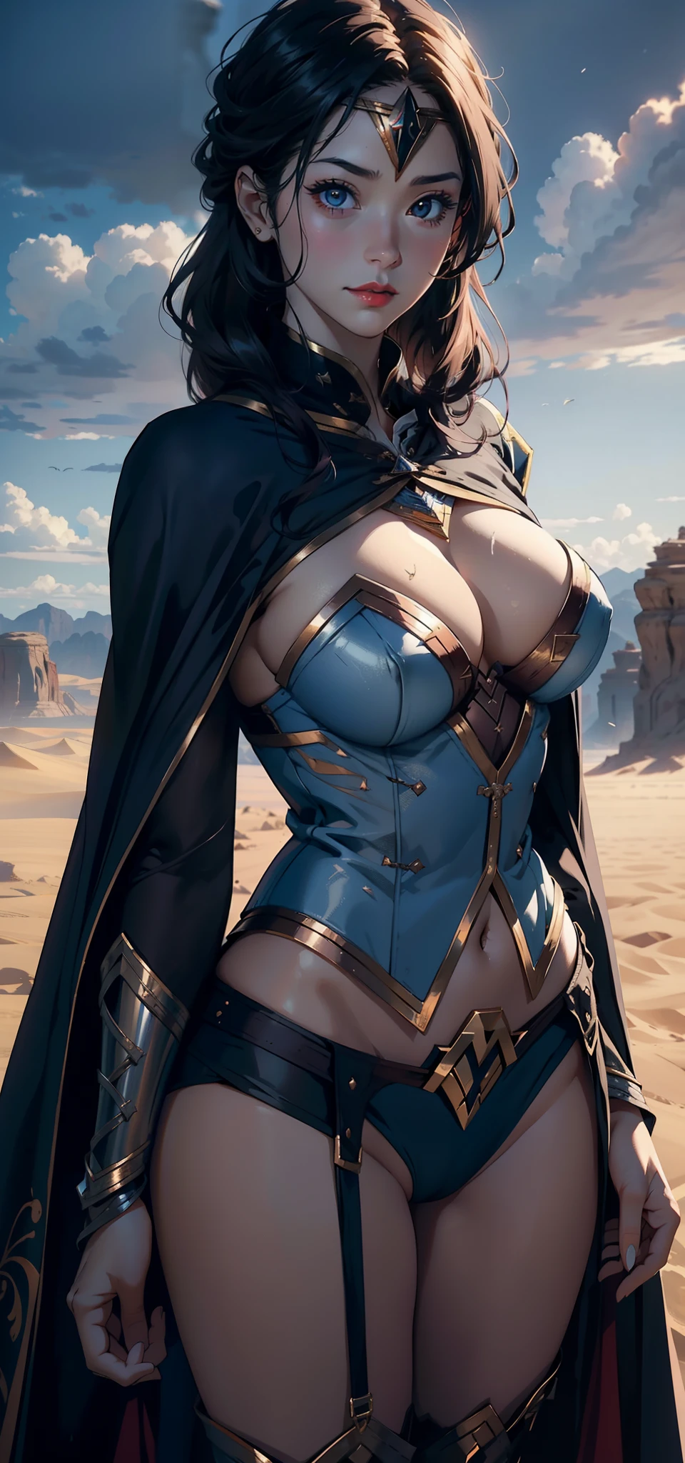 1female,45 yers old,Married Woman,熟妇,plumw,extremely large bosom, 独奏,(Background with:A vast desert as far as the eye can see,flock)Stand on a mountaintop desert,exteriors, She has long pink hair,seen from the front,, mostly cloudy sky,(((tmasterpiece),(Very detailed CG unity 8K wallpaper),best qualtiy,cinmatic lighting,detailed back ground,beatiful detailed eyes,Bright pupils,Black eyes,Snow-whiteskin,Redlip(Very fine and beautiful),(Beautiful and detailed eye description),ultra - detailed,tmasterpiece,))facing at camera,A high resolution,ultra - detailed),revealing breasts,Bare genitalia, Bulge,legs are open,Raised sexy,Camel toes,Desire for dissatisfaction,frontage,Western cowboy(Wearing:Blue denim vest,Bare,Bare genitalia,Bare breasts,Black lace panties,nakeness,hijabi sluty,veils,cloaks,Armour)Wonder Woman uniform