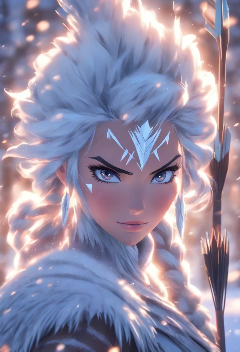 (((ice woman with arrow))) best quality, very high resolution, detailed CG in 4K, masterpiece, Norse mythology, ice woman, Skadi, Jotunn, trees in the background, Scandinavia, standing pose, Nordic clothing , northern city, snow, ((bow and arrow)), aesthetics, beautiful image, centered on screen, standing pose
