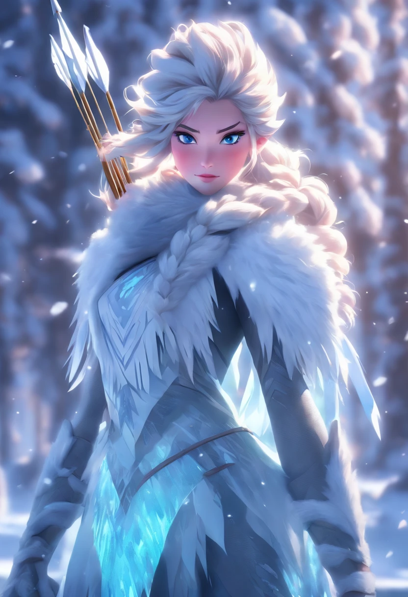(((ice woman with arrow))) best quality, very high resolution, detailed CG in 4K, masterpiece, Norse mythology, ice woman, Skadi, Jotunn, trees in the background, Scandinavia, standing pose, Nordic clothing , northern city, snow, ((bow and arrow)), aesthetics, beautiful image, centered on screen, standing pose