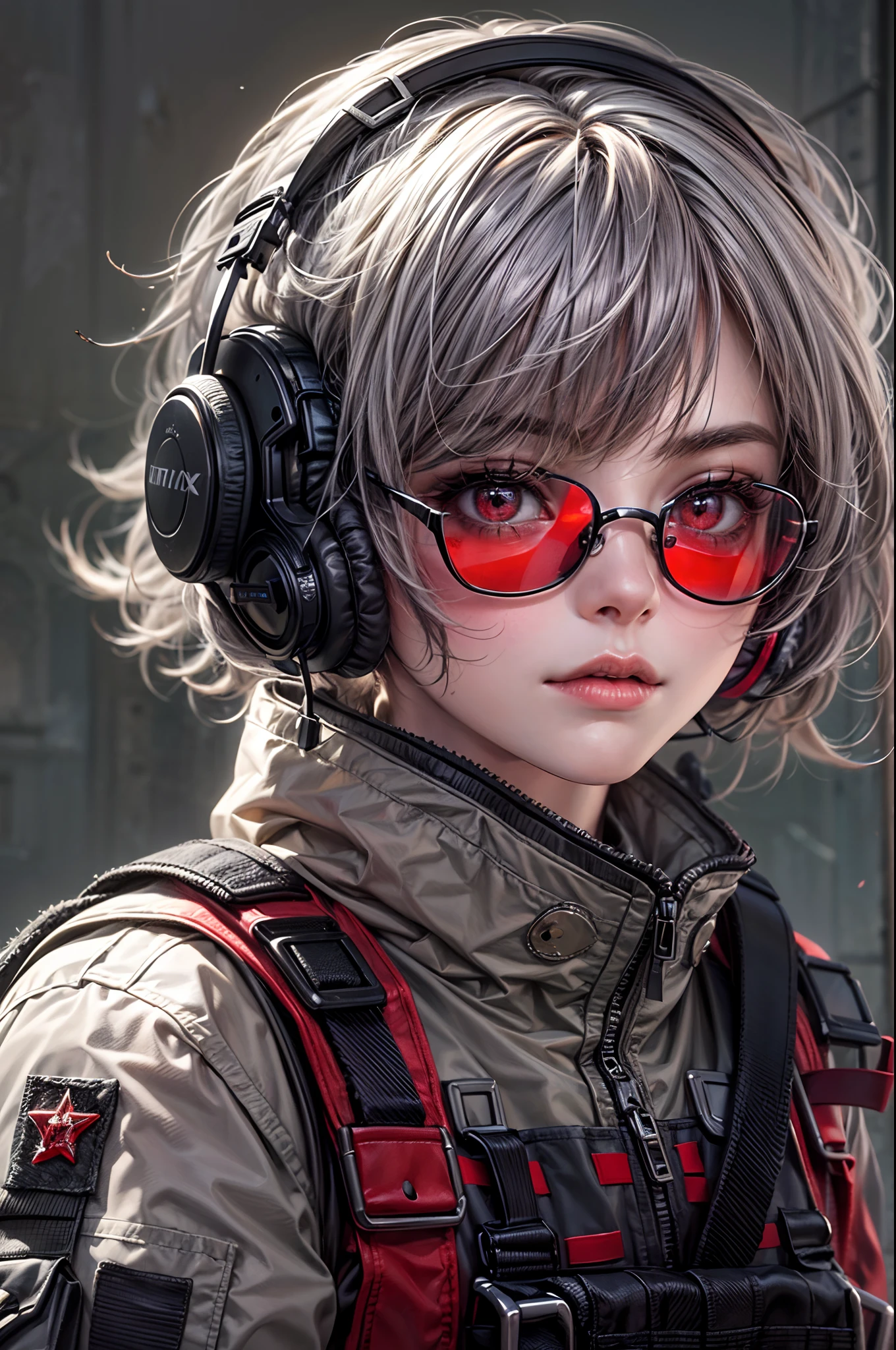 masterpiece , a girl, in battlefield, ( lite white short hair:1.2), (red eyes:1.2), (Russian Millitary Uniform:1.2), (looks at the viewer:1.2) , (8k, best quality 1.2), ultra-detailed, 8k uhd, soft lighting, high quality, film grain, beautiful lighting, cinematic ,perfect body , best illumination, best shadow, sharpness, contrast, red glasses, messy hair, tactical vest, gloves, headset, absurdres high detailed face
