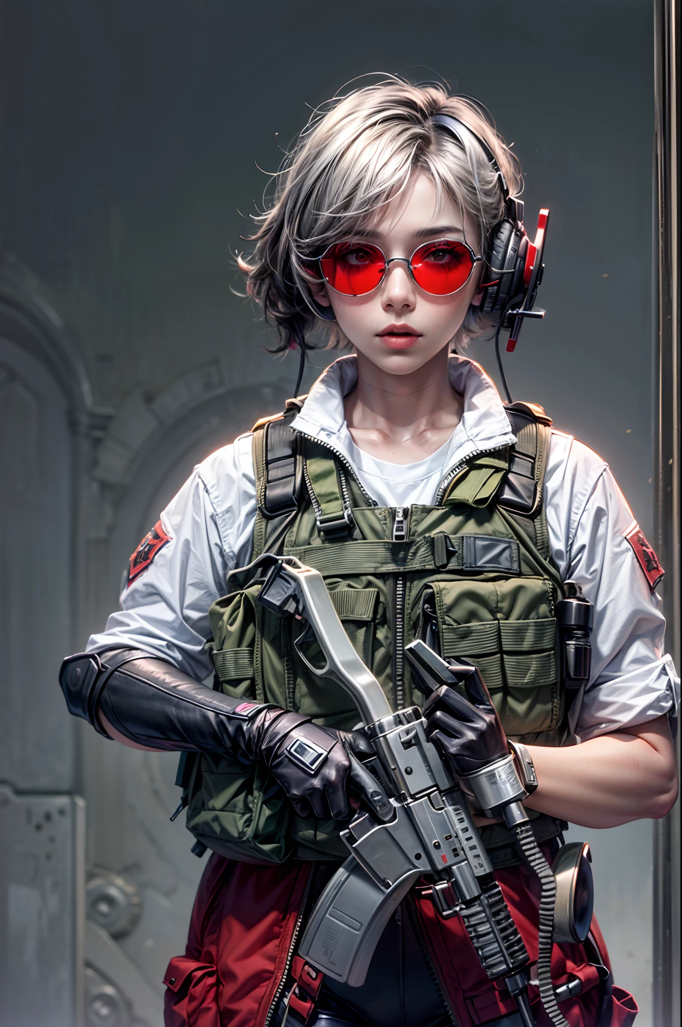 masterpiece , a girl, in battlefield, ( lite white short hair:1.2), (red eyes:1.2), (Russian Millitary Uniform:1.2), (looks at the viewer:1.2) , (8k, best quality 1.2), ultra-detailed, 8k uhd, soft lighting, high quality, film grain, beautiful lighting, cinematic ,perfect body , best illumination, best shadow, sharpness, contrast, red glasses, messy hair, tactical vest, gloves, headset, absurdres high detailed face