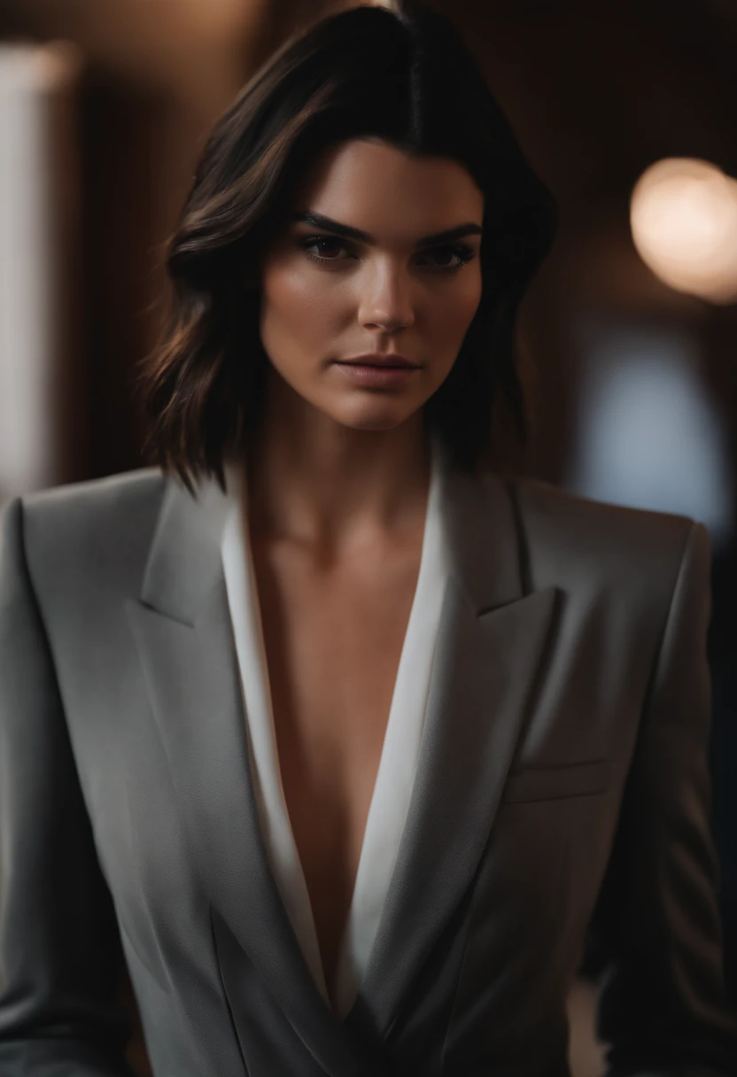 Bella Hadid dressed in a black blazer and red dress pants