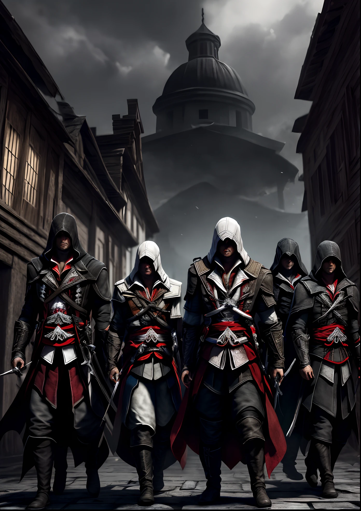 A group of assassin's, assassin's Creed outfit,6 people,night,red eyes glowing in the dark,dark, monochrome, black outfits,all looking at the viewer,upper body, realistic lighting, unreal engine 5, CGI illustration,standing on Rooftops,