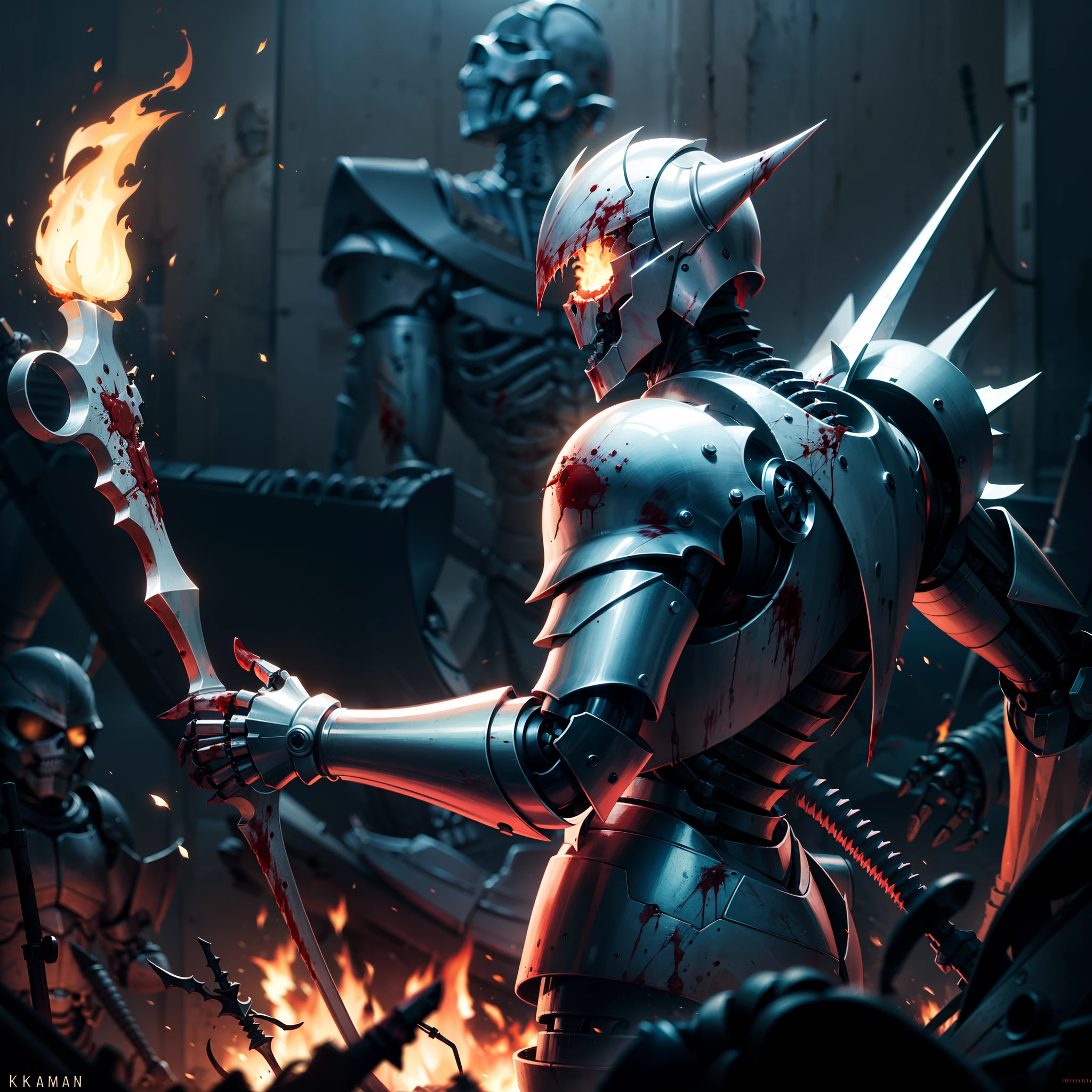 (Very detailed 8k wallpapers),The horror covered in blood(undead knight)photo from the side (Hyper-detailing),Kamen Rider,Burning eyes,(Put on the flame armor),(Semi-mechanized),(Mechanical skeleton),Mechanical details:1.2,Carry a sickle,uncanny,The dark world,Dark series