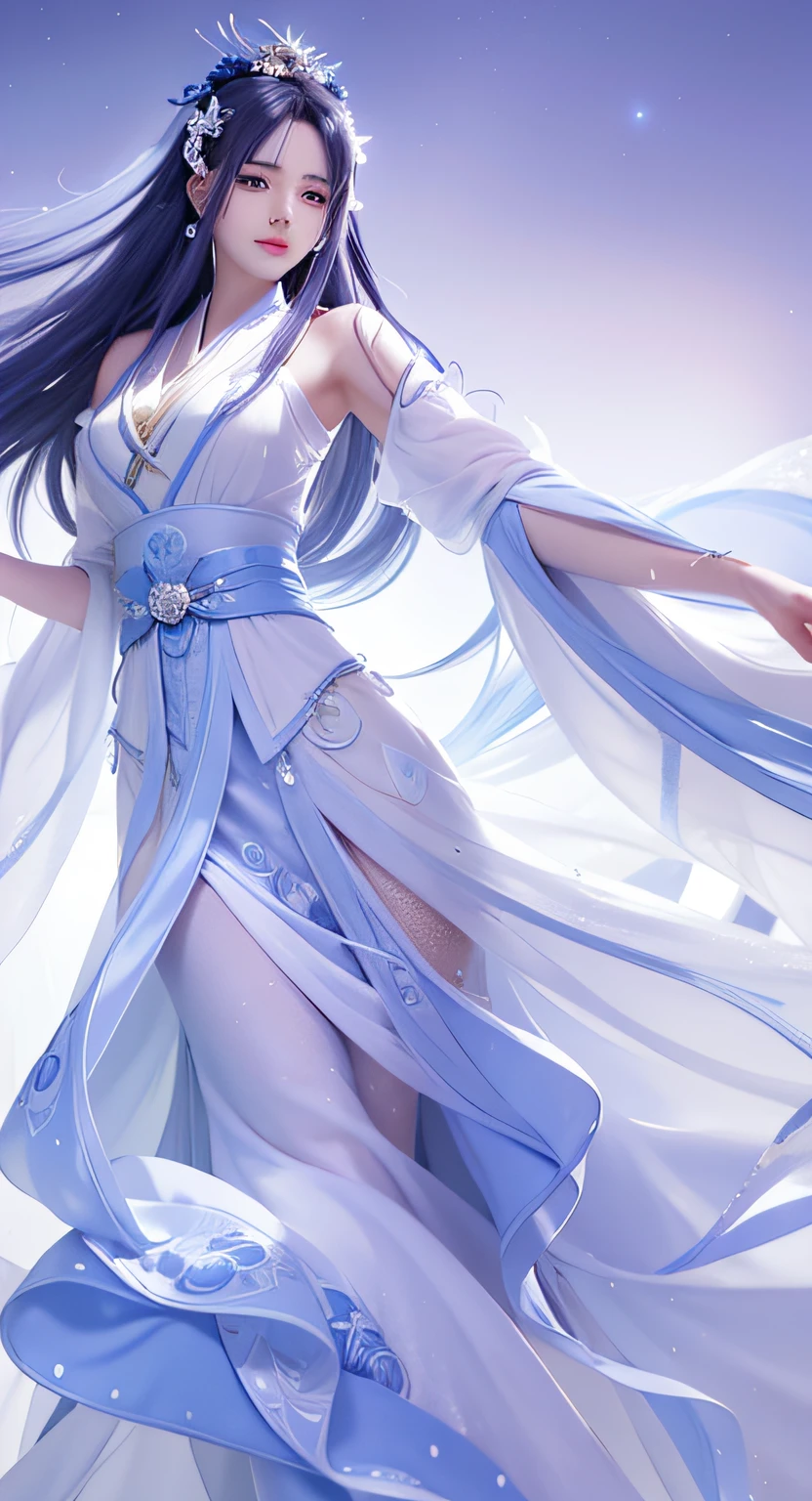 Anime girl in white dress，Long hair and blue dress, flowing magical robe, flowing white robe, Beautiful celestial mage, full-body xianxia, ((a beautiful fantasy empress)), Beautiful character painting, heise jinyao, flowing hair and long robes, Flowing robes, ”beautiful anime woman, By Leng Mei, by Yang J