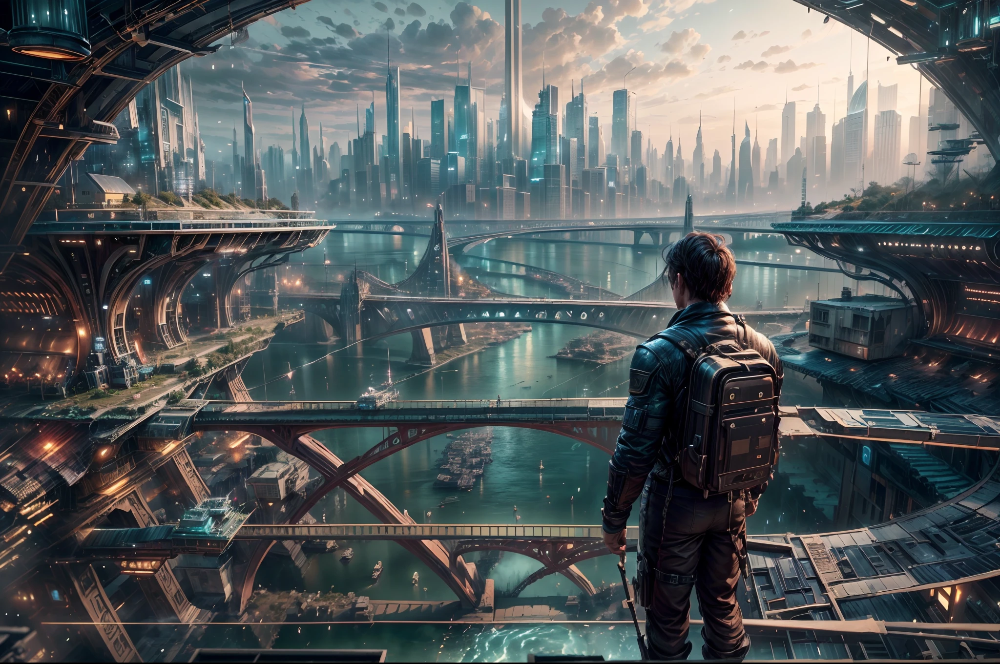 (8k unit wallpaper CG extremely detailed, masterpiece, best quality, ultra-detailed), (((solo)))), ((extremely wide shot:1.15)), a man on a bridge looking at a scifi city in the distance in the background, ((back view)), ((full body)), (high detail), (intricate details), intricate, magnificent scene, detailed environment, highly detailed environment, illustrator, (masterpiece).