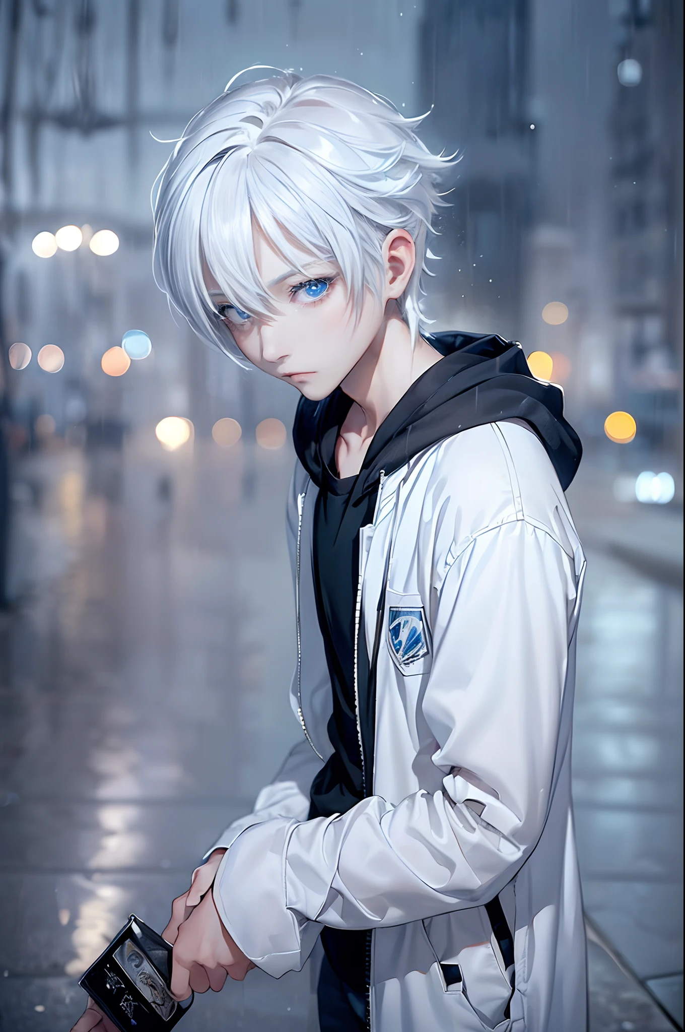 ((4K works))、​masterpiece、(top-quality)、One beautiful boy、Slim body、tall、((Black Y-shirt and white pants、Charming street style))、Please wear one jacket、Wearing a hood to hide his face、(Detailed beautiful eyes)、Morning City、((Rainy city))、Fashionable city with morning rain、During the walk、((Bright, Cloudy sky))、((Face similar to Carly Rae Jepsen))、((Short-haired white hair))、((Smaller face))、((Neutral face))、((Bright blue eyes))、((American adult male))、((Adult male 26 years old))、((Cool Men))、((Like a celebrity))、((Lonely look))、((Korean Makeup))、((elongated and sharp eyes))、((Happy dating))、((boyish))、((Upper body photography))、Professional Photos、((Model photo))、((Shot alone))、((He's under the roof))、((Looking up at the sky))、((photographed from the back))、((He is looking upwards))、((His eyes are looking upwards))、((Increase the angle of the face))、((He is walking in front of the viewer))