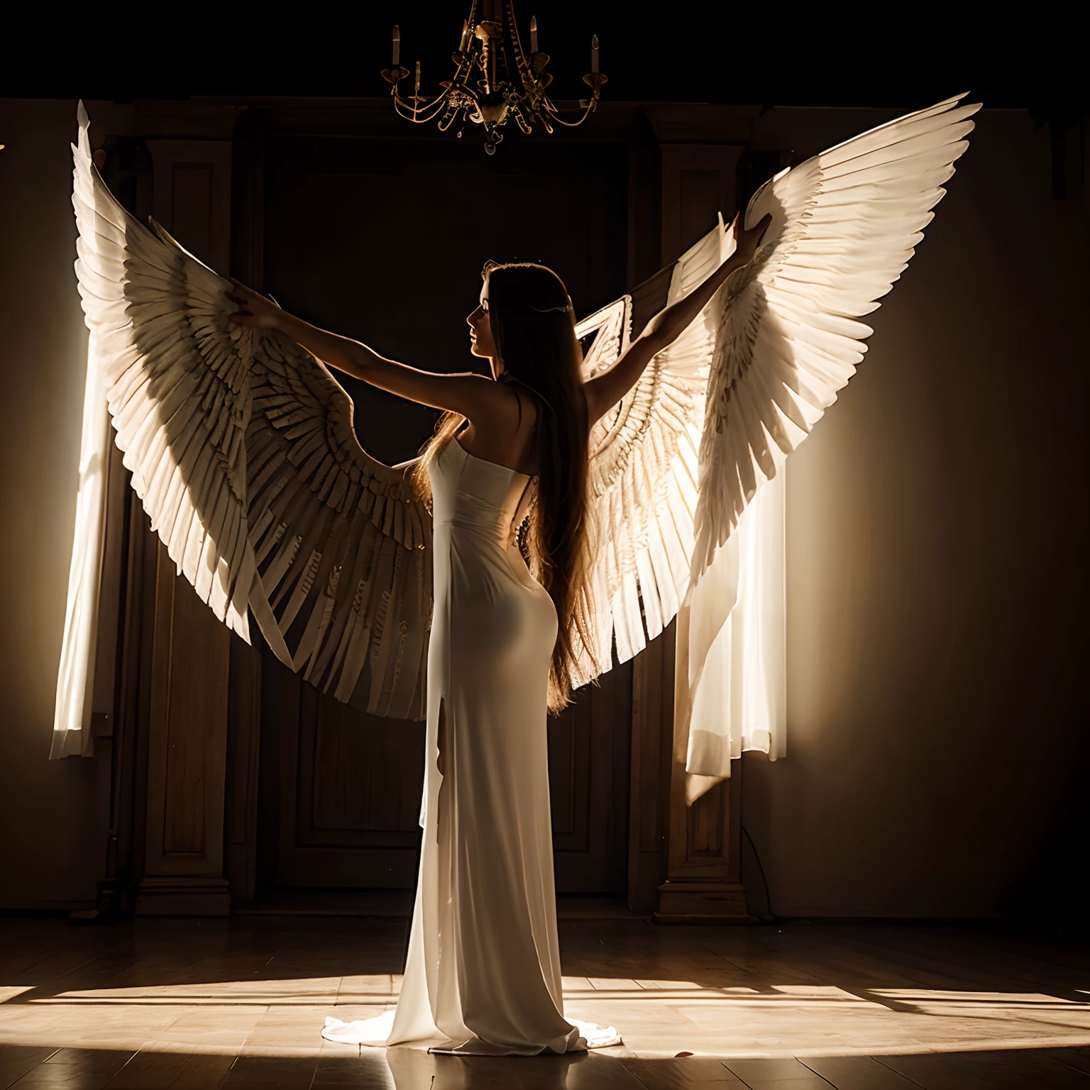 Female angel with big wings and long flowing hair wearing beautiful long dress raising hands side view