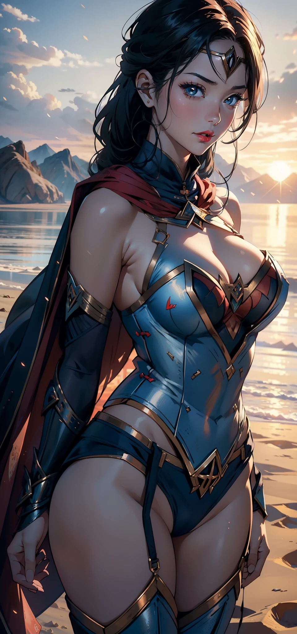1female,45 yers old,Married Woman,熟妇,plumw,extremely large bosom, 独奏,(Background with:A vast desert as far as the eye can see,The Yellow River flows into the sea)Stand on a mountaintop desert,exteriors, She has long pink hair,seen from the front,, mostly cloudy sky,(((tmasterpiece),(Very detailed CG unity 8K wallpaper),best qualtiy,cinmatic lighting,detailed back ground,beatiful detailed eyes,Bright pupils,Black eyes,Snow-whiteskin,Redlip(Very fine and beautiful),(Beautiful and detailed eye description),ultra - detailed,tmasterpiece,))facing at camera,A high resolution,ultra - detailed),revealing breasts,Bare genitalia, Bulge,legs are open,Raised sexy,Camel toes,Desire for dissatisfaction,frontage,Western cowboy(Wearing:Blue denim vest,Bare,Bare genitalia,Bare breasts,Black lace panties,nakeness,hijabi sluty,veils,cloaks,Armour)Wonder Woman uniform