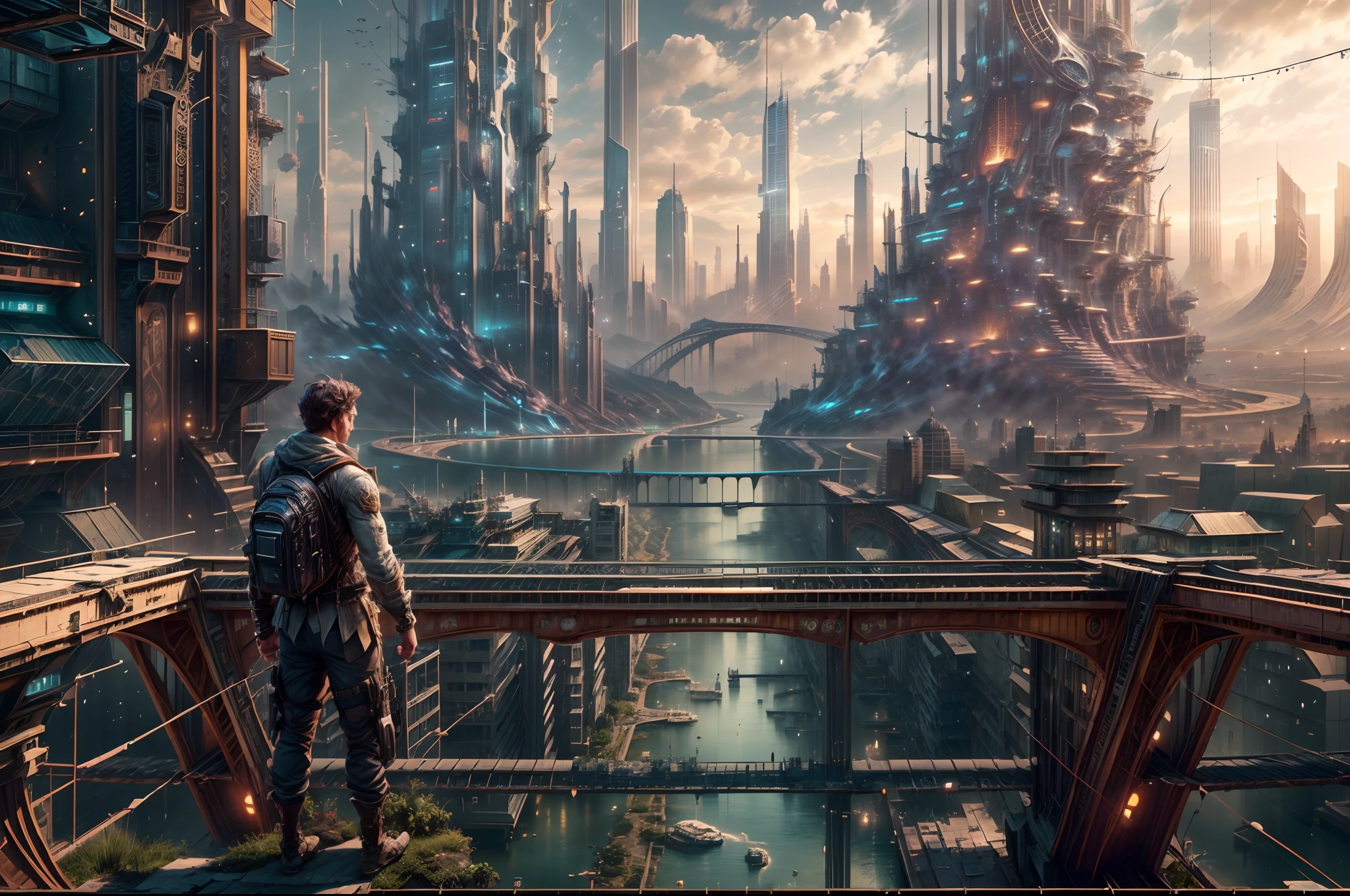 (8k unit wallpaper CG extremely detailed, masterpiece, best quality, ultra-detailed), (((solo)))), ((extremely wide shot:1.15)), a man on a bridge looking at a scifi city in the distance in the background, ((back view)), ((full body)), (high detail), (intricate details), intricate, magnificent scene, detailed environment, highly detailed environment, illustrator, (masterpiece).