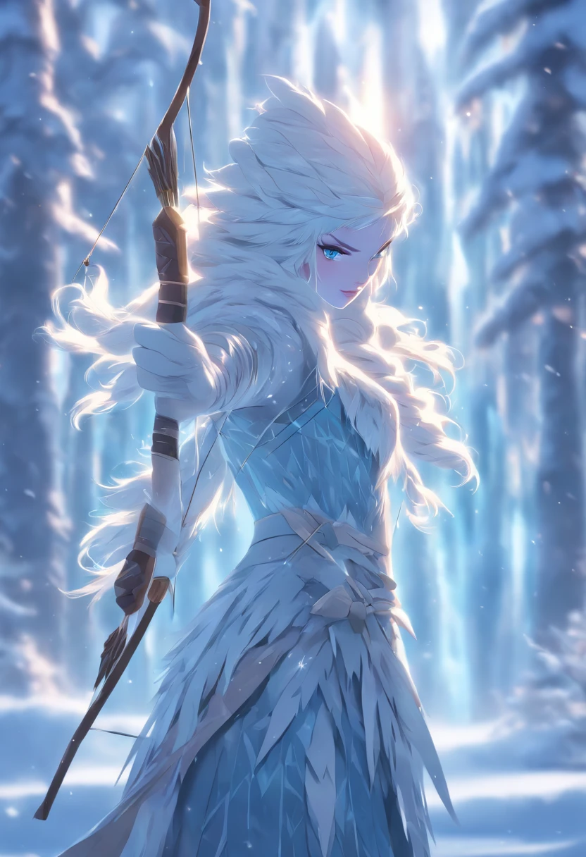 (((ice woman with bow and arrow))) best quality, very high resolution, detailed CG in 4K, masterpiece, Norse mythology, Skadi woman, Jotunn, trees in the background, Scandinavia, standing pose, Norse clothing, northern city, snow, ((bow and arrow)), aesthetics, beautiful image, centered on the screen, standing pose