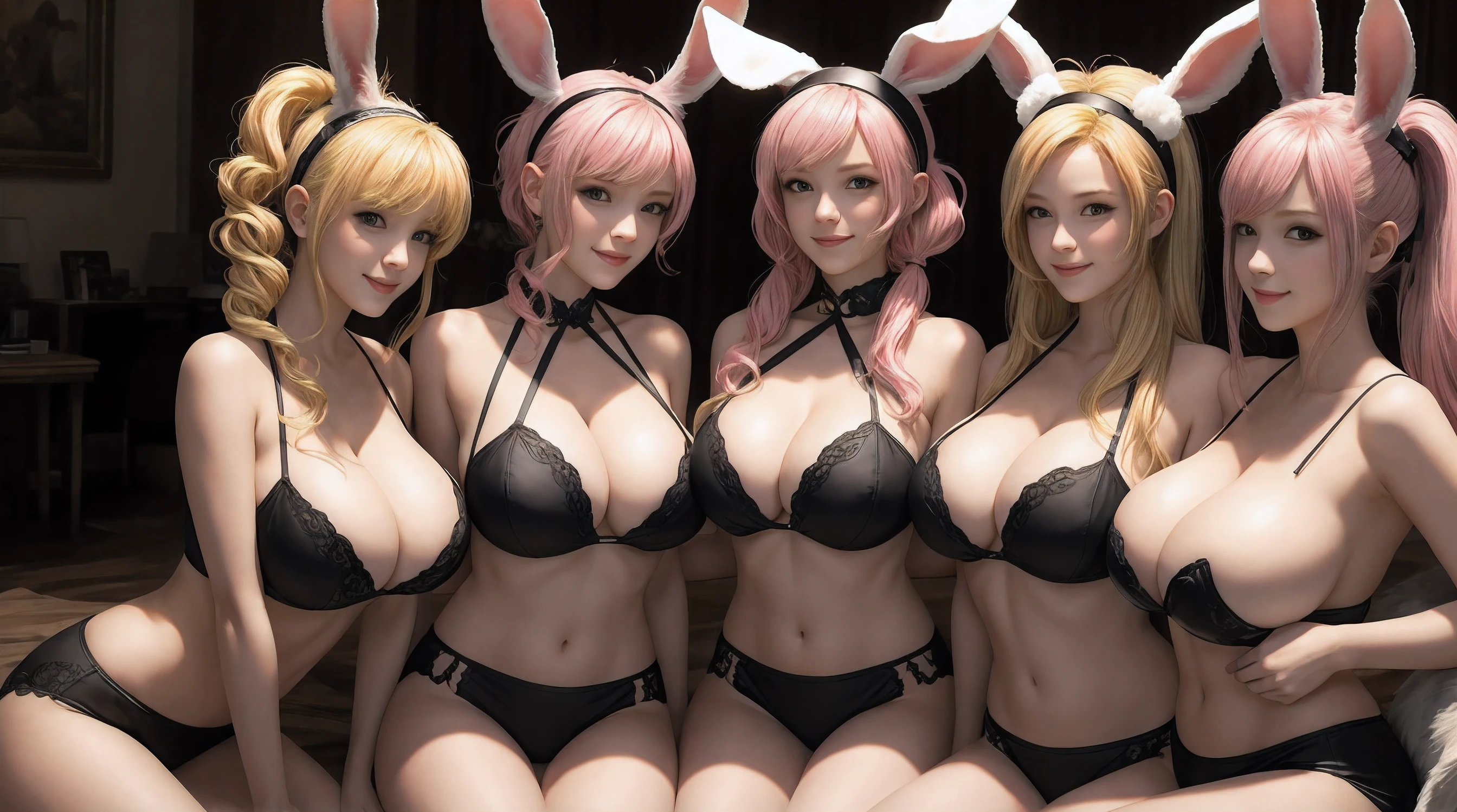 (best quality, masterpiece:1.2), (best illustration), (extremely detailed illustration), 4girls, animal_ears, blonde_hair, blue_eyes, breasts, cowboy_shot, fake_animal_ears, hairband, (huge_breasts:1.4), long_hair, looking_at_viewer, medium_breasts, multiple_girls, navel, nipples, own_hands_together, pink_hair, rabbit_ears, realistic, short_hair, side_ponytail, smile, take_your_pick, twintails,