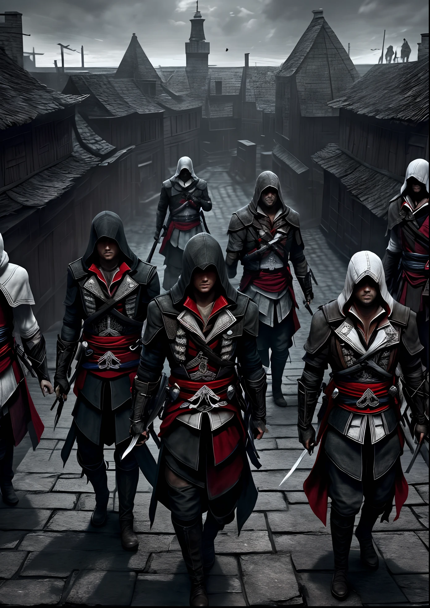 A group of assassin's, assassin's Creed outfit,6 people,night,red eyes glowing in the dark,dark, monochrome, black outfits,all looking at the viewer,upper body, realistic lighting, unreal engine 5, CGI illustration,standing on Rooftops,
