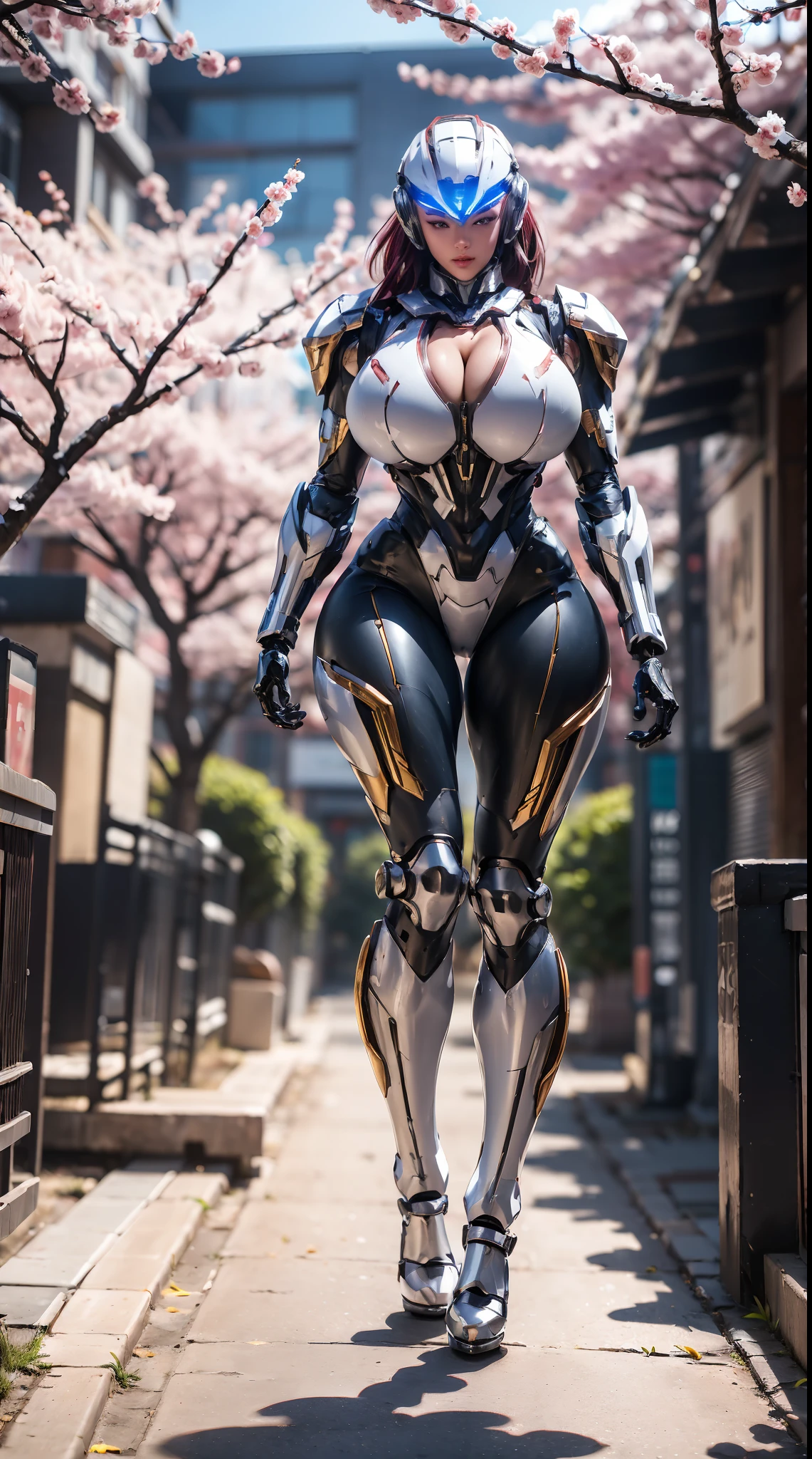 1GIRL, SOLO, (mecha helm:1.3), (BIG BUTTOCKS, HUGE BOOBS:1.4), (DRAGON GUARD ARM, GLOVES), (white, red), (MECHA CYBER SHINY ARMORED SUIT, CLEAVAGE, MECHA SKINTIGHT PANTS, GUARD ARMOR LEGS, HIGH HEELS:1.4), (MUSCULAR BODY, SEXY LONG LEGS, FULL BODY:1.5), (MUSCLE ABS:1.2), (LOOKING AT VIEWER:1), (WALKING DOWN ON STREET CHERRY TREES IN THE MORNING:1.3), PHYSICALLY-BASED RENDERING, ULTRA HIGHT DEFINITION, 8K, 1080P.