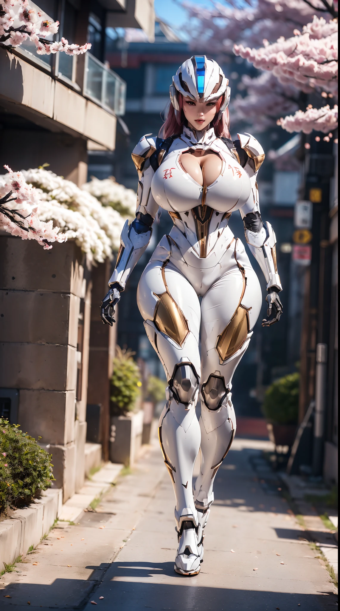 1GIRL, SOLO, (mecha helm:1.3), (BIG BUTTOCKS, HUGE BOOBS:1.4), (DRAGON GUARD ARM, GLOVES), (white, red), (MECHA CYBER SHINY ARMORED SUIT, CLEAVAGE, MECHA SKINTIGHT PANTS, GUARD ARMOR LEGS, HIGH HEELS:1.4), (MUSCULAR BODY, SEXY LONG LEGS, FULL BODY:1.5), (MUSCLE ABS:1.2), (LOOKING AT VIEWER:1), (WALKING DOWN ON STREET CHERRY TREES IN THE MORNING:1.3), PHYSICALLY-BASED RENDERING, ULTRA HIGHT DEFINITION, 8K, 1080P.