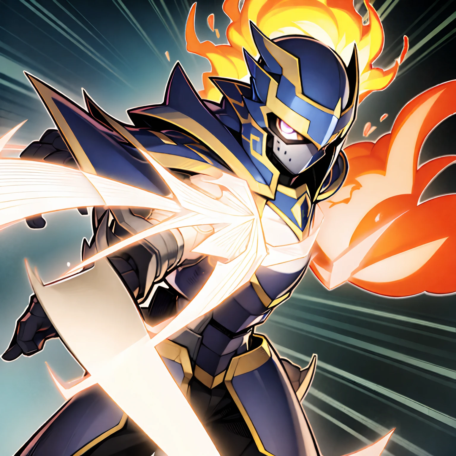 Black luster soldier, knight, blue and white armor, yugioh style, yugioh monster, one man, blazing aura, slim, slick